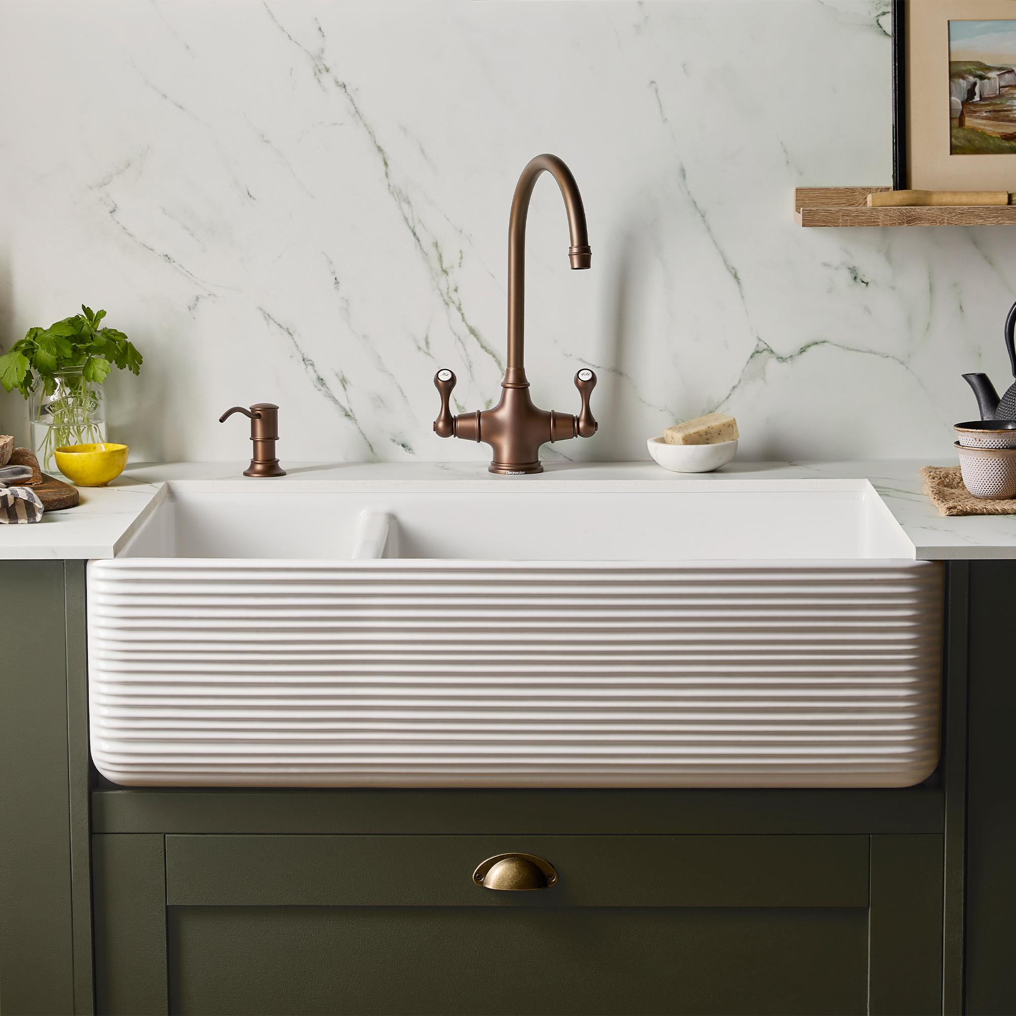Thomas Denby Theocsbury 1.5 Bowl Fluted Ceramic Butler Kitchen Sink - 795 x 465mm