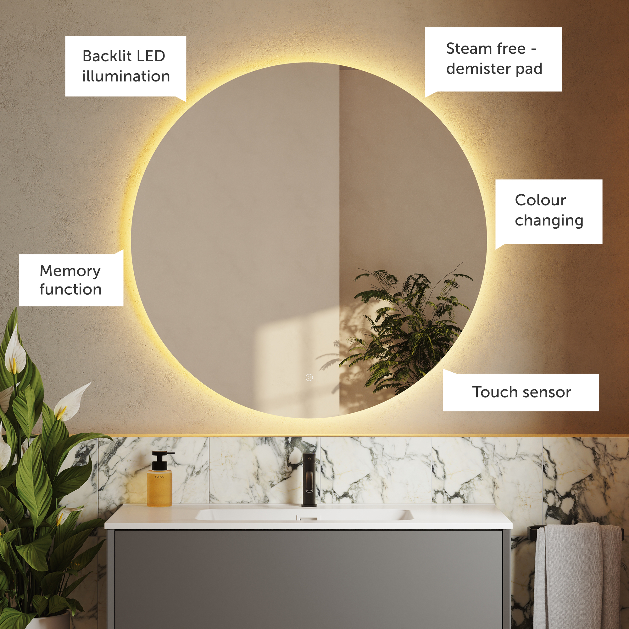Harbour Vision LED Illuminated Round Bathroom Mirror with Demister Pad & Colour Change Lights - 1000mm