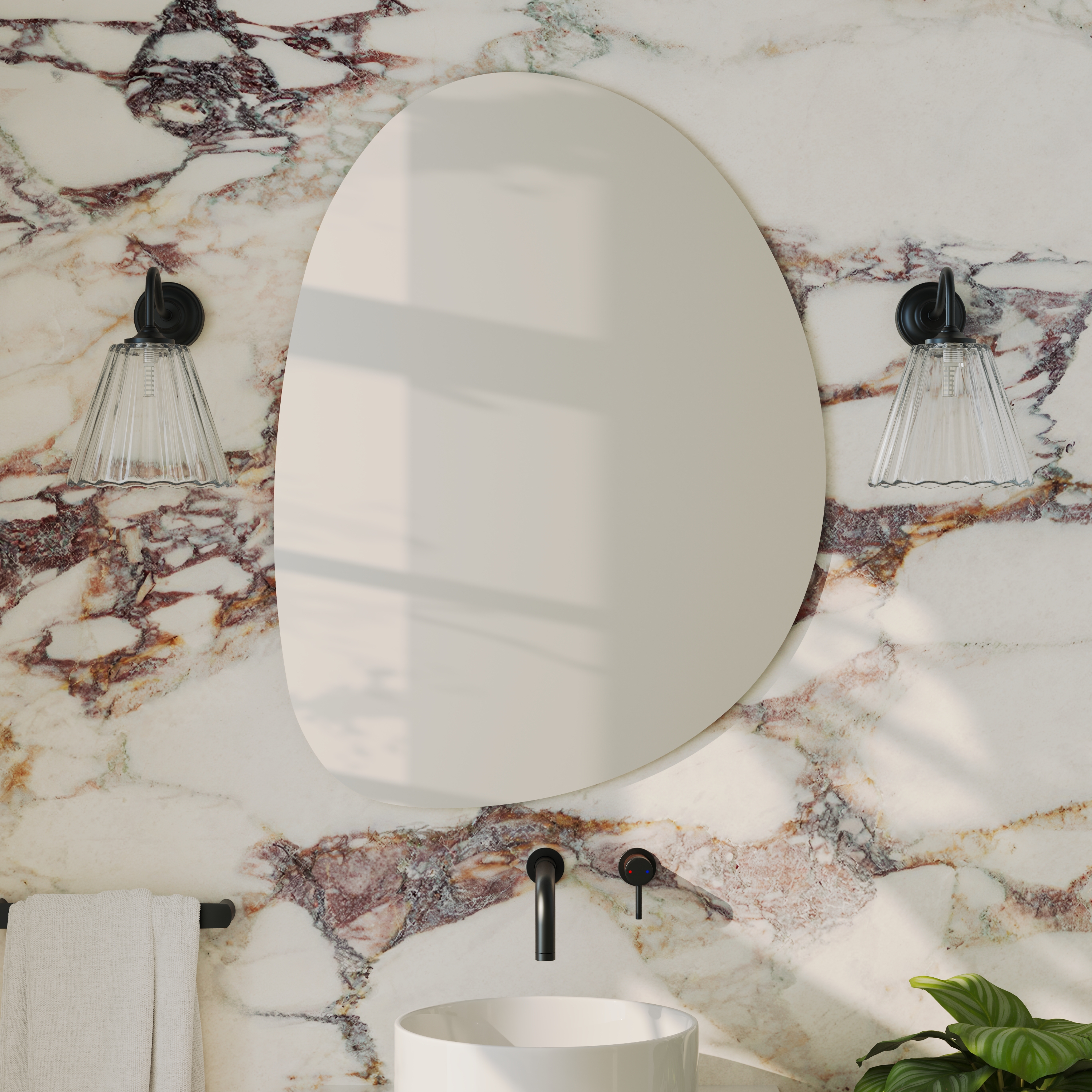 Organics Slim Mirror with Set Of 2 Fluted Glass Wall Shade Lights