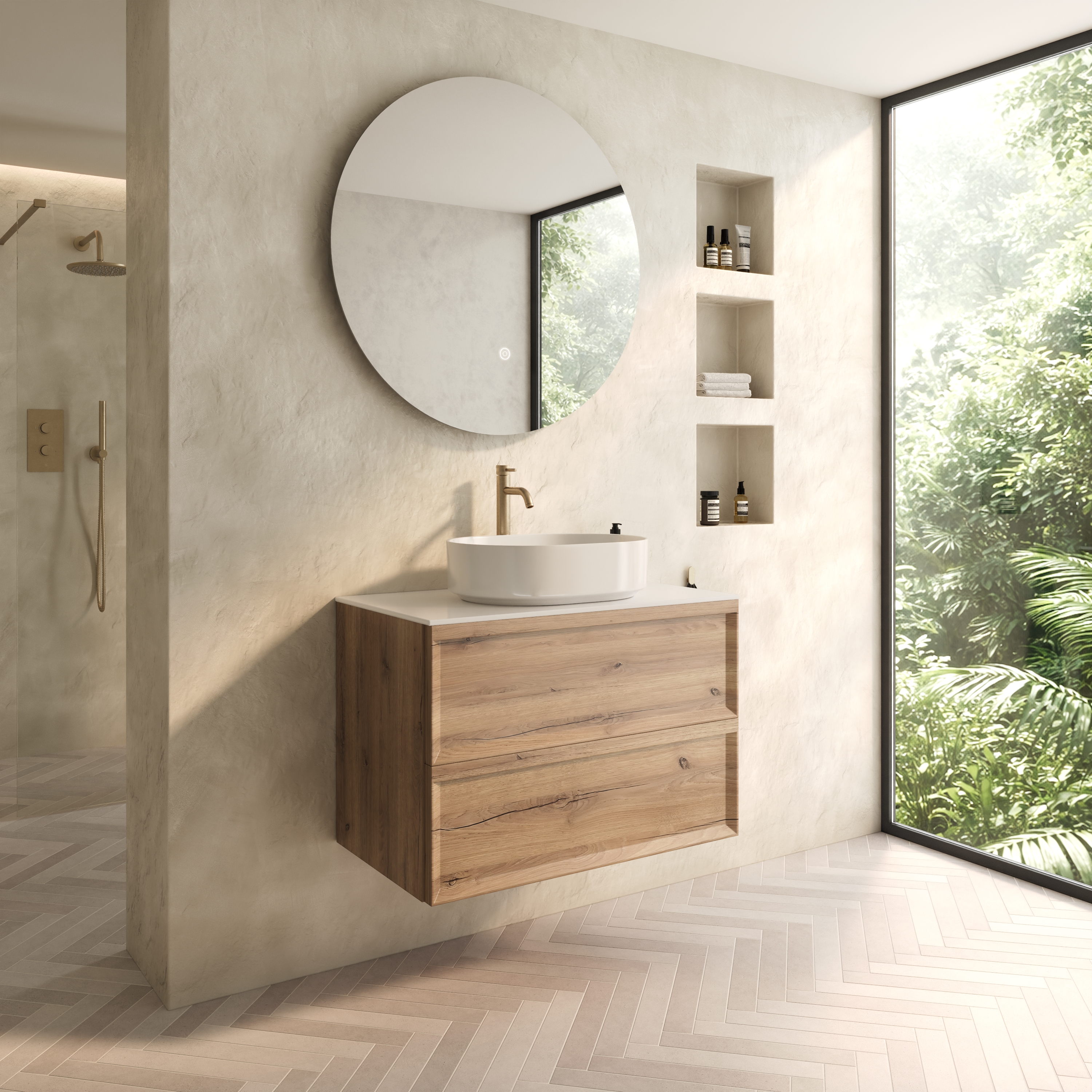 Aura 800mm Wall Mounted Natural Oak Vanity Unit & Sintered Stone Countertop