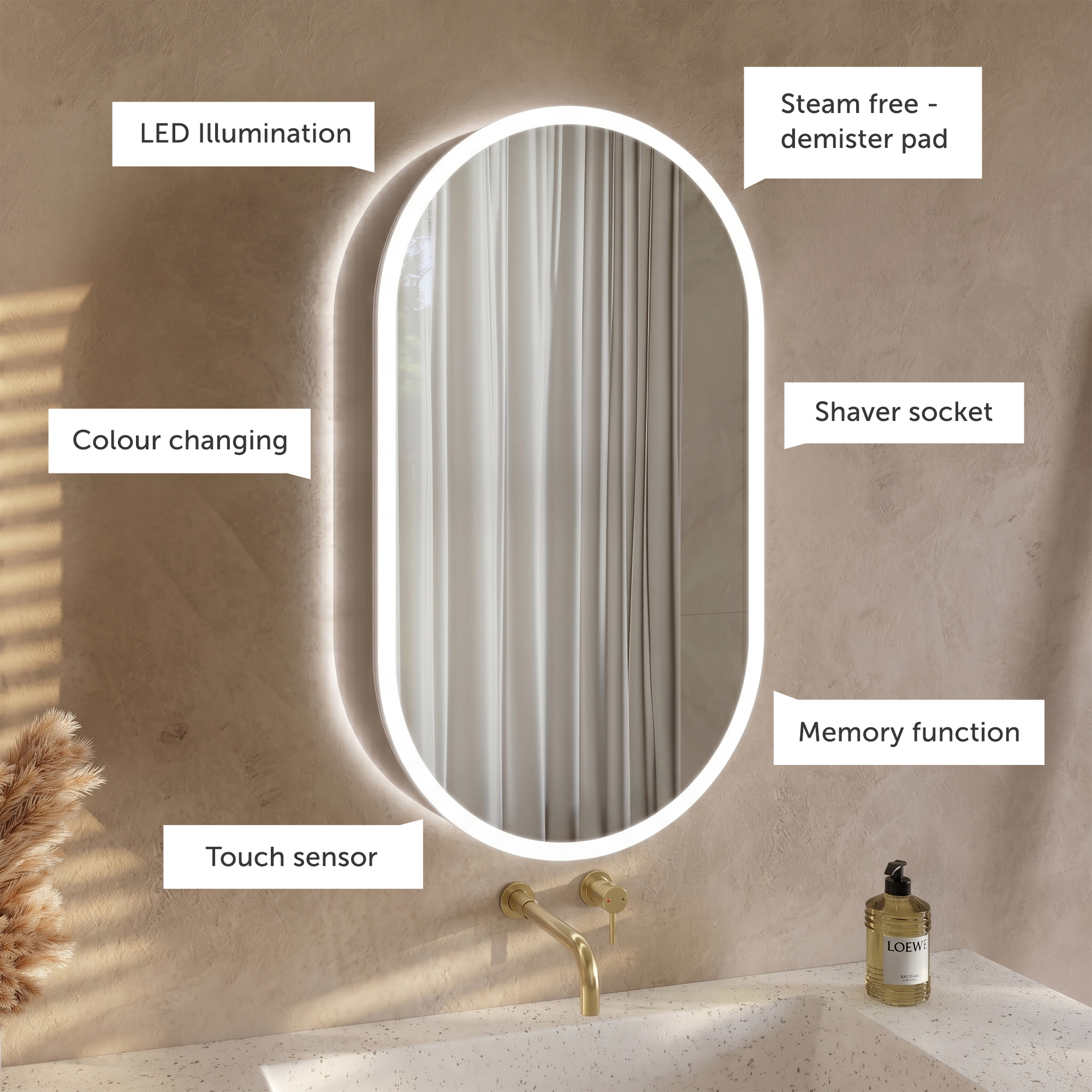 Billy LED Oval Mirrored Cabinet with Demister Pad, Shaver Socket & Colour Change Lights - 450 x 800mm