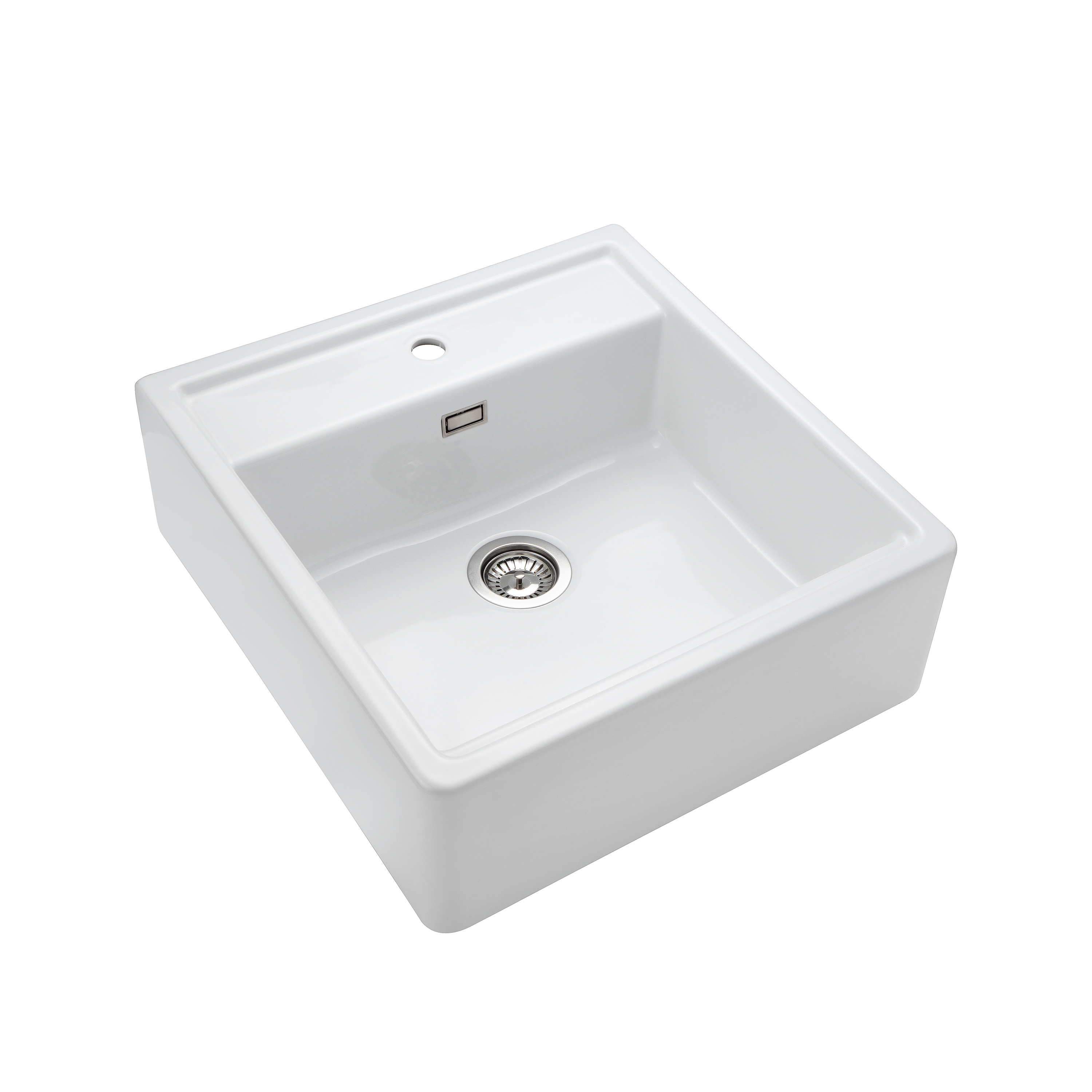 Rangemaster Sandwood 1 Bowl White Fireclay Ceramic Sit-On Belfast Sink With Tap Ledge & Waste Kit - 597 x 630mm