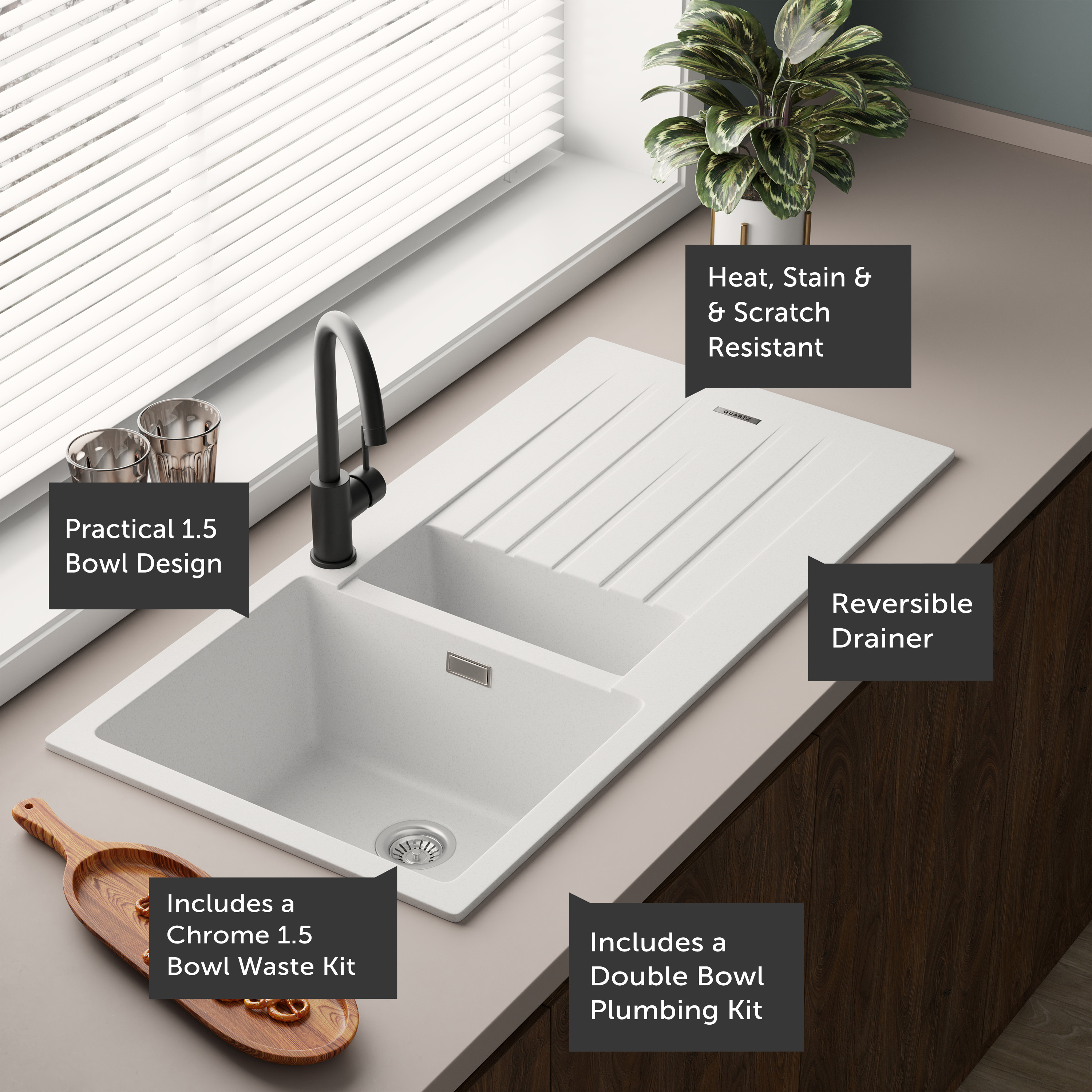 Vellamo Horizon 1.5 Bowl Granite Composite Kitchen Sink & Waste - 1000 x 500mm
