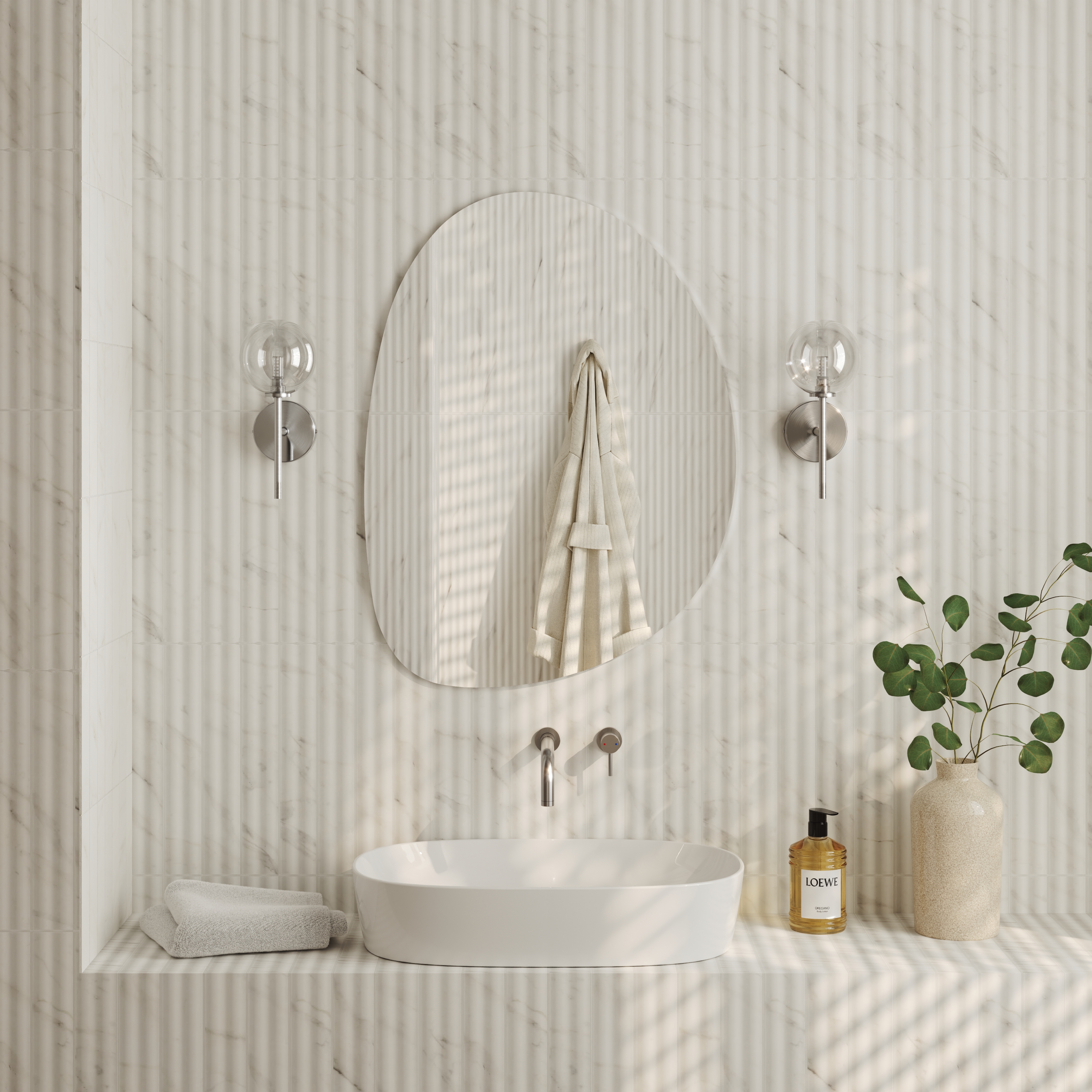 Organics Slim Mirror with Set Of 2 Glass Globe Wall Lights