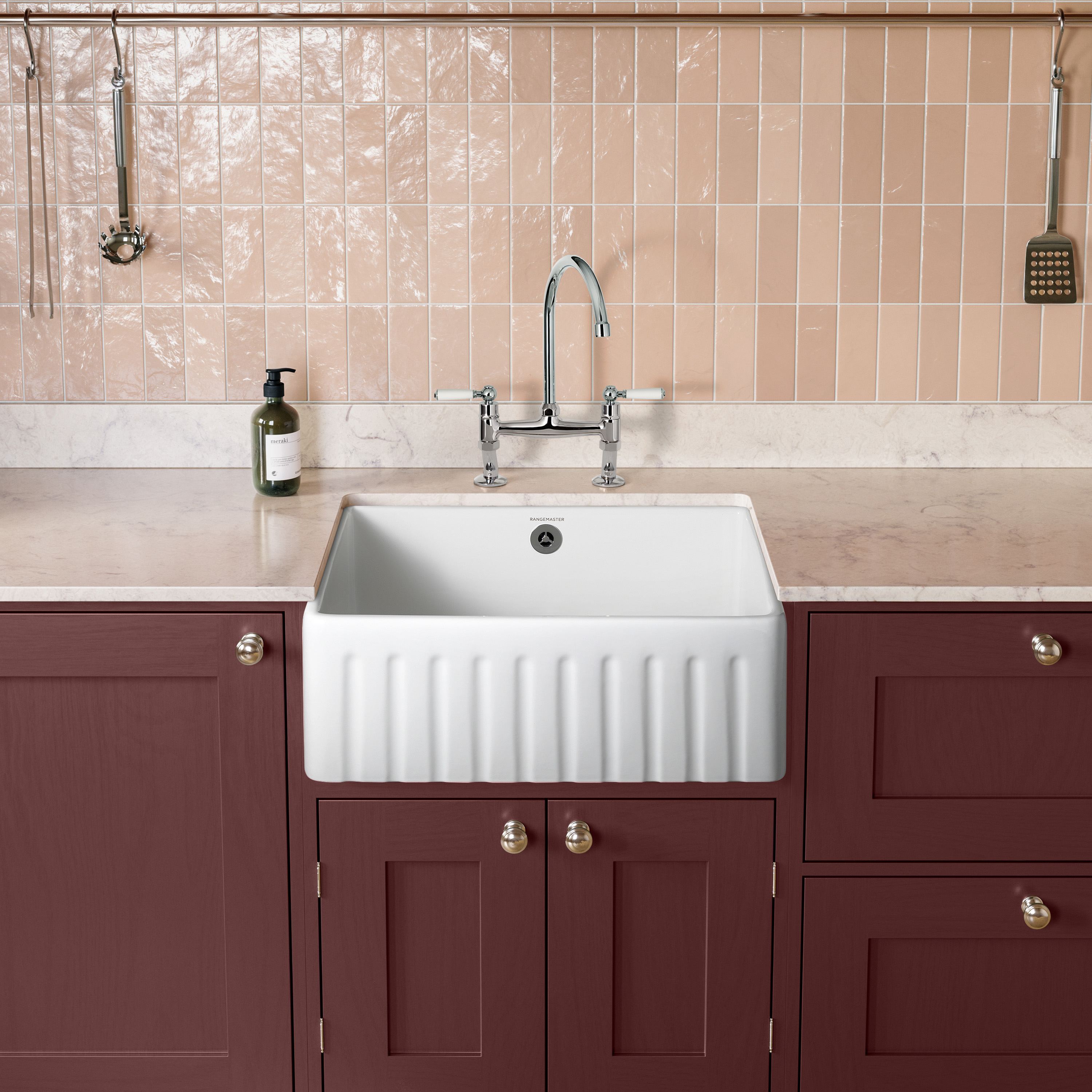 Rangemaster Harmony Fluted 1 Bowl White Fireclay Ceramic Sit On Belfast Sink & Waste Kit - 595 x 450mm