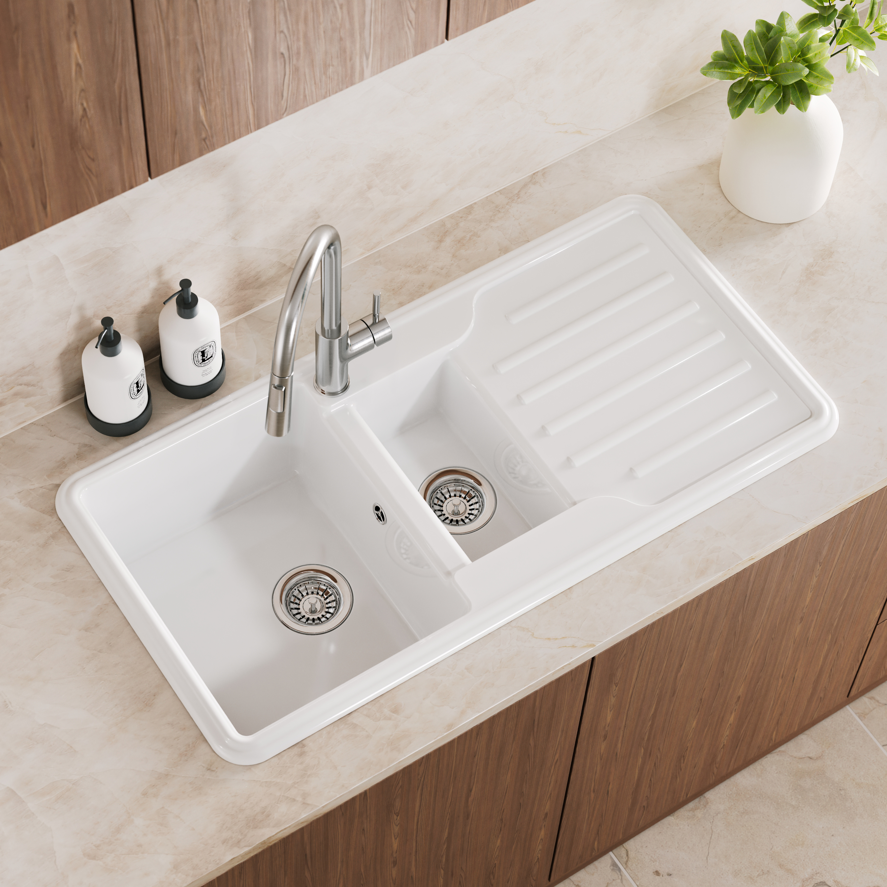 Vellamo Designer 1.5 Bowl Gloss White Traditional Comite Composite Inset Sink & Basket Strainer Waste - 1000 x 500mm