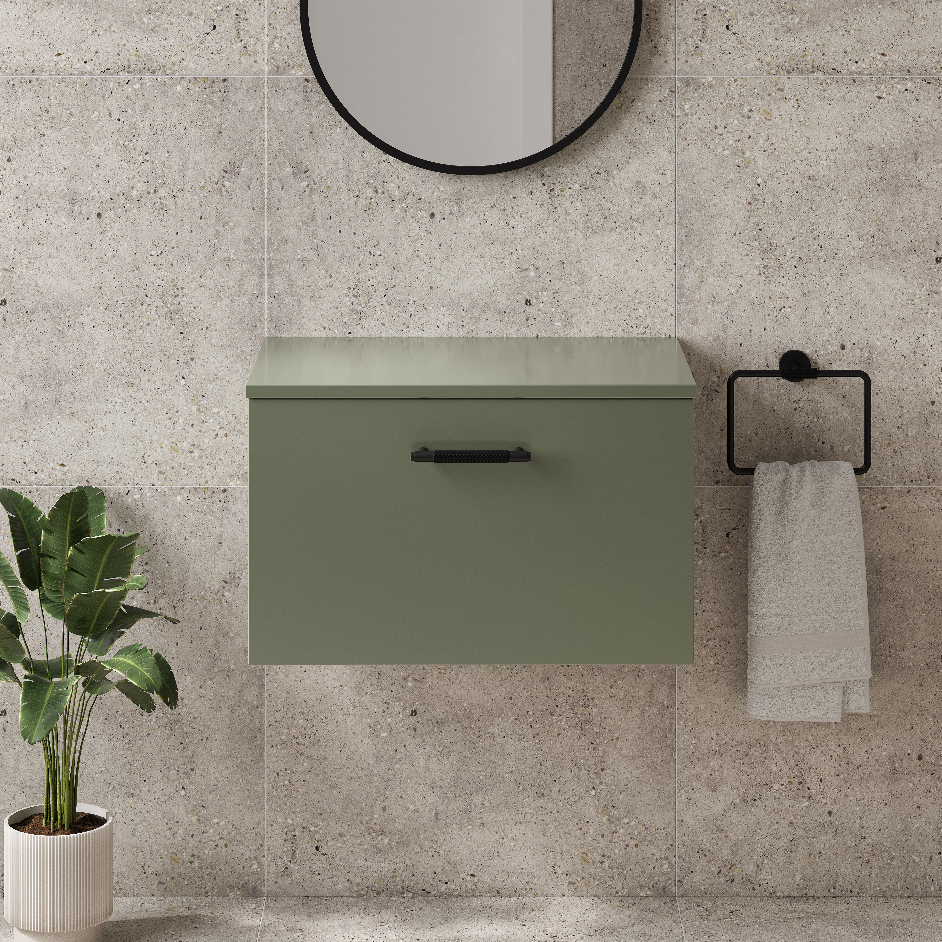Erin 600mm Wall Mounted Satin Green 1 Drawer Vanity Unit with Worktop