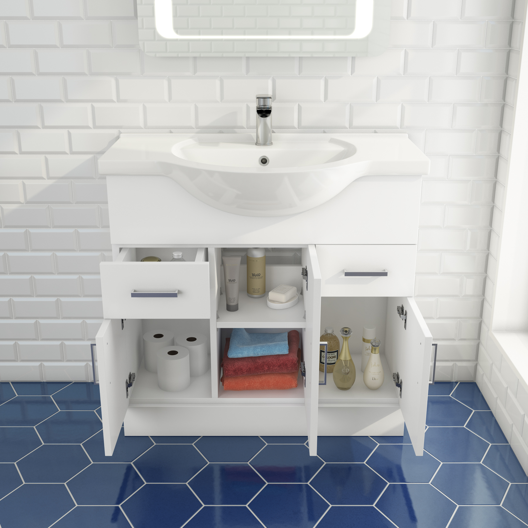 Waste 850mm Bathroom Vanity Unit & Basin Sink Floorstanding Gloss White Tap 