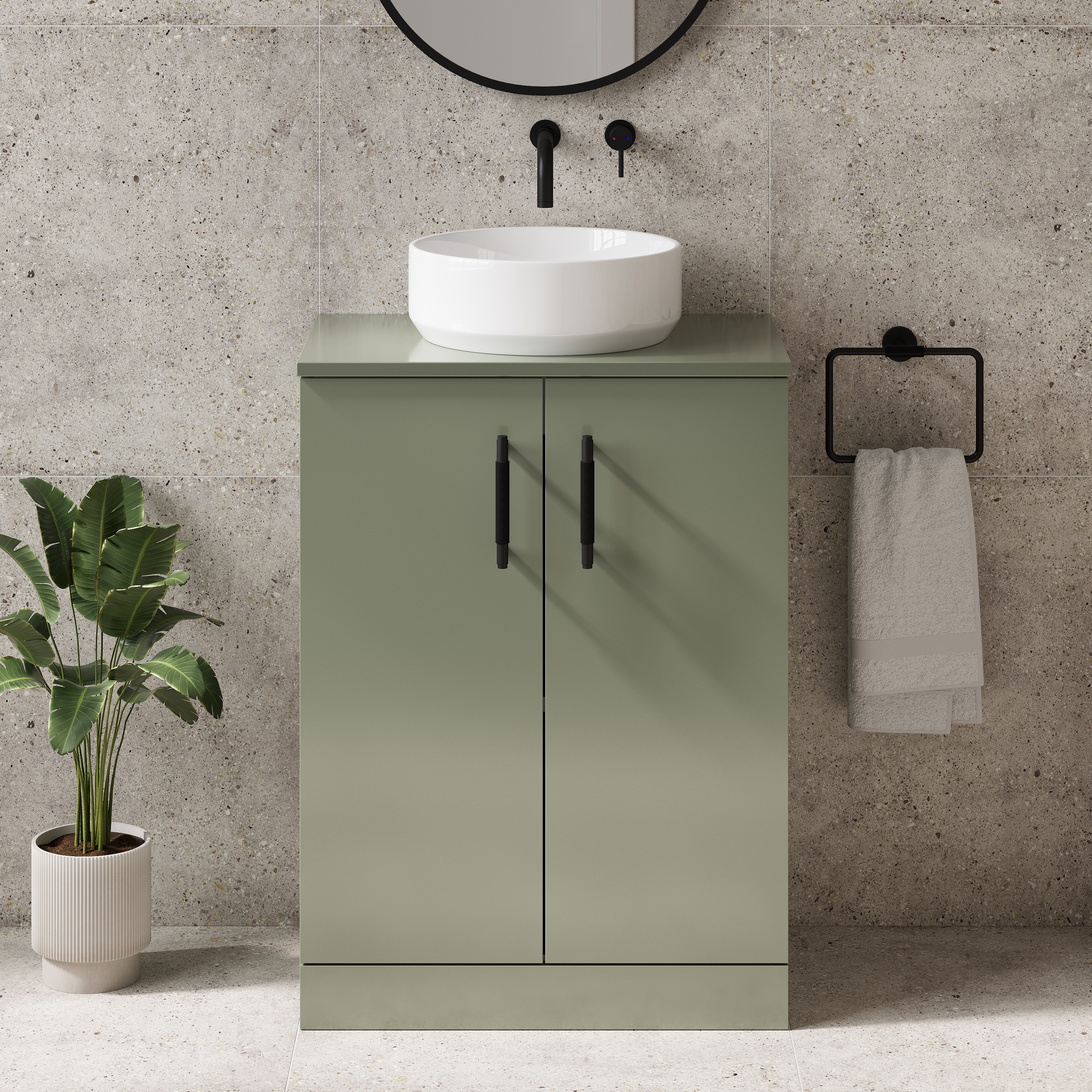 Erin 600mm Floorstanding 2 Door Satin Green Vanity Unit & Worktop with Hudson Reed Round Countertop Basin