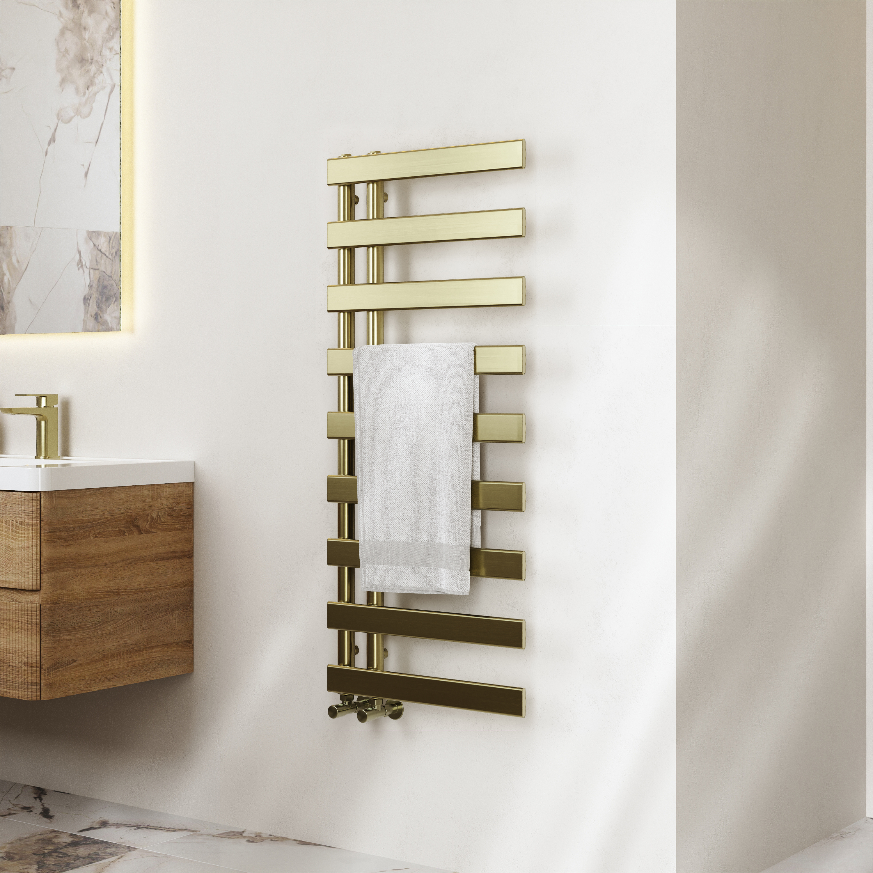 Toasty Retreat Brushed Brass Offset Heated Towel Rail