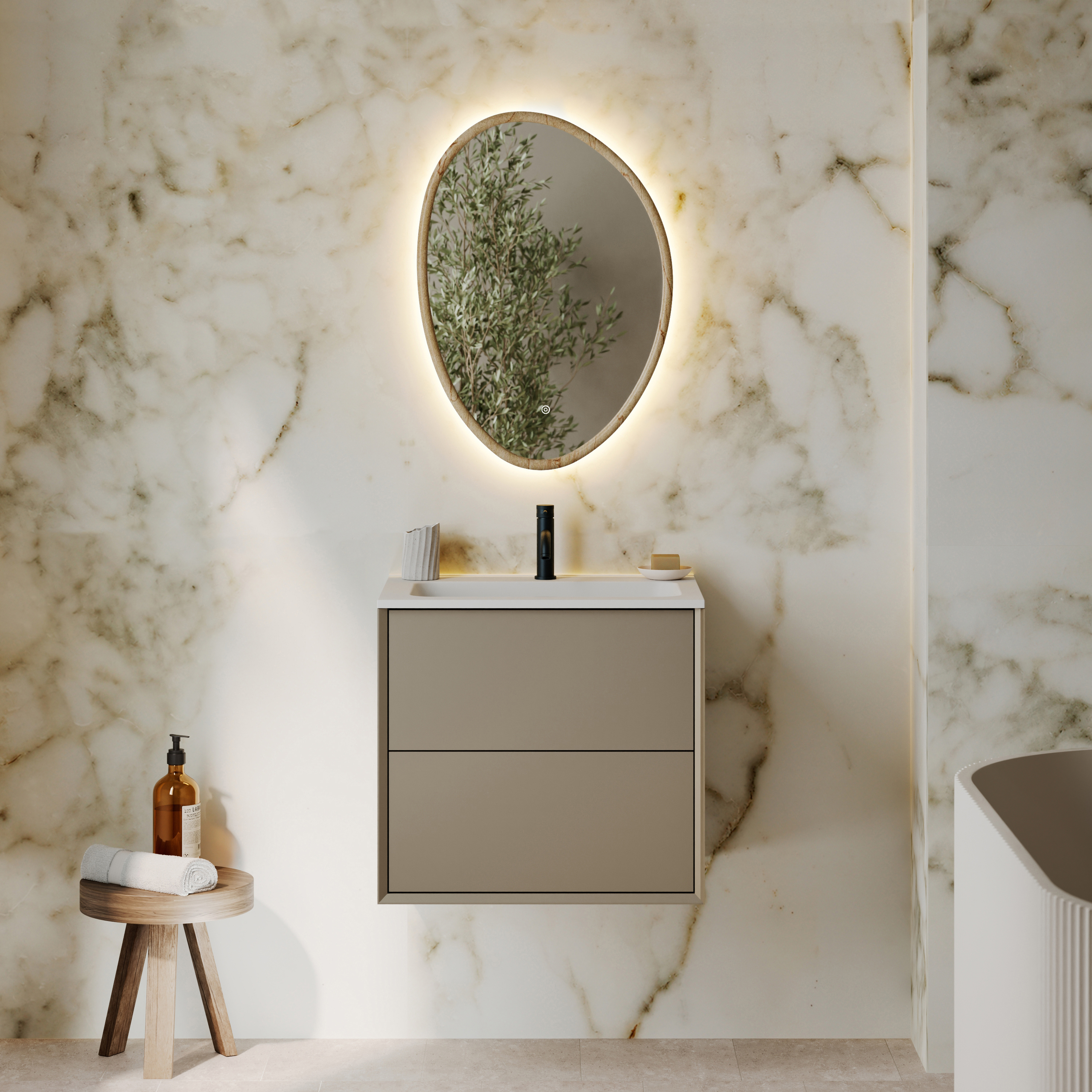 Siena LED Illuminated Stone Effect Framed Mirror with Demister Pad & Colour Change Lights - 500 x 700mm