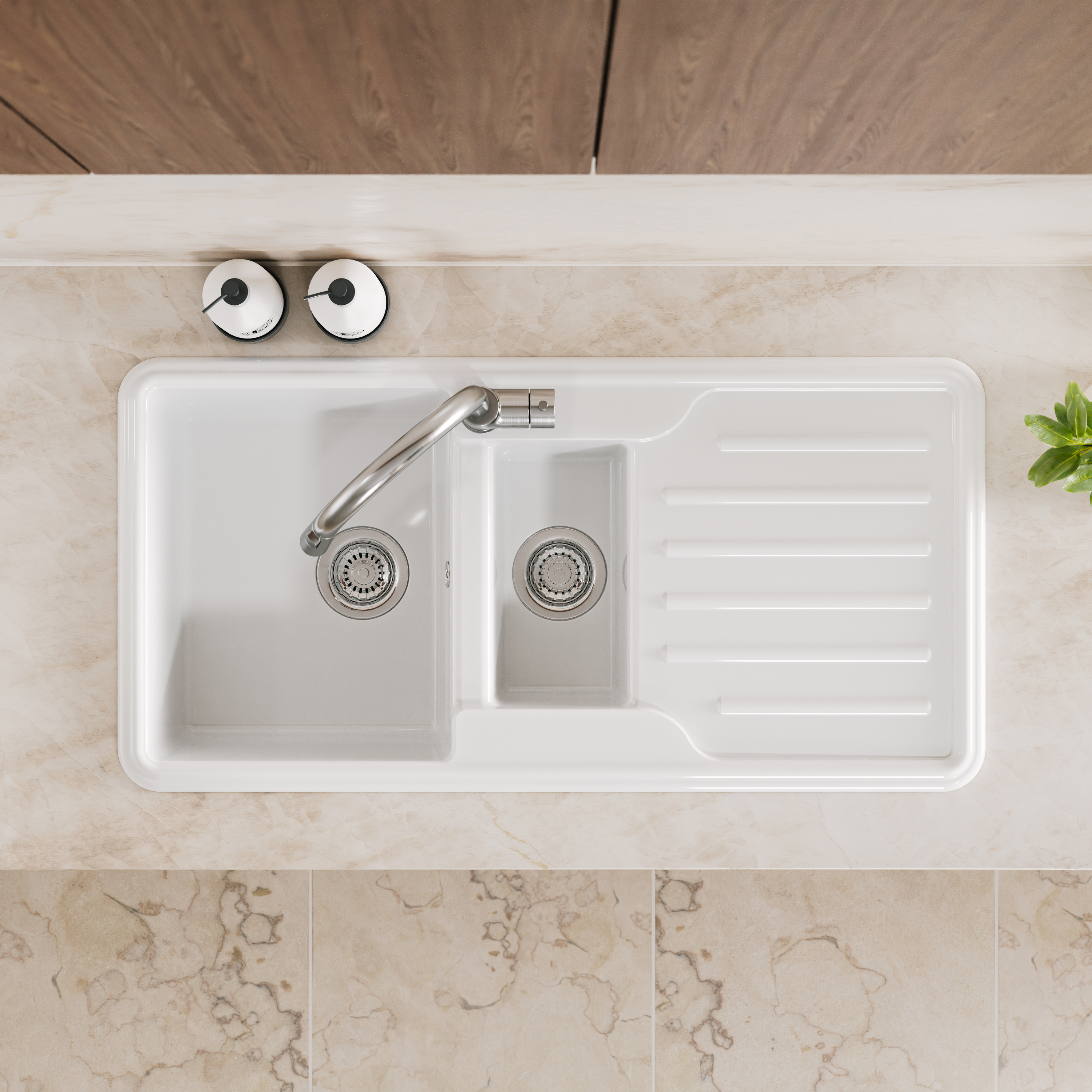 Vellamo Designer 1.5 Bowl Gloss White Traditional Comite Composite Inset Sink & Basket Strainer Waste - 1000 x 500mm