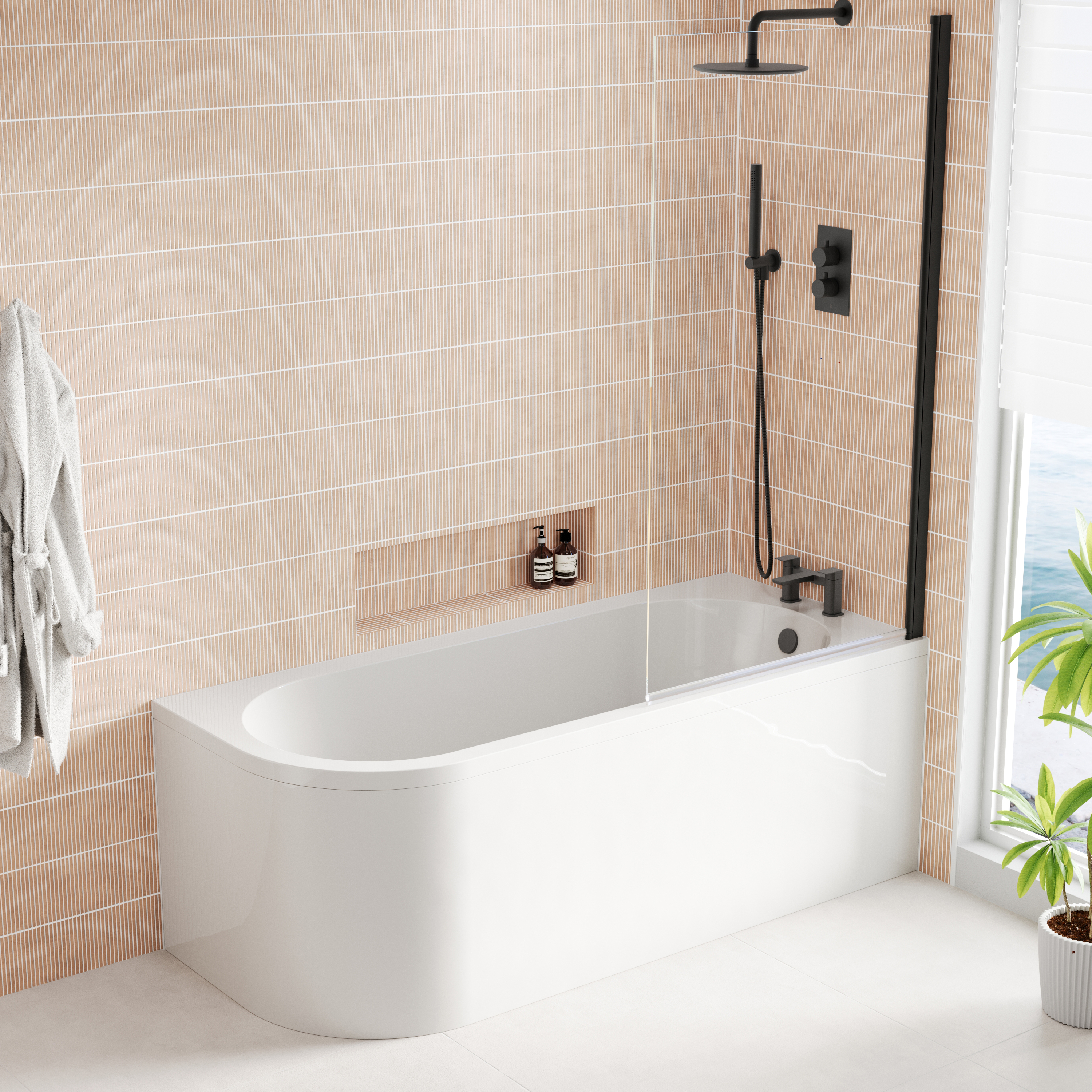 Armourcast Reinforced J Shaped Shower Bath with Panel & Shower Screen - 1700mm