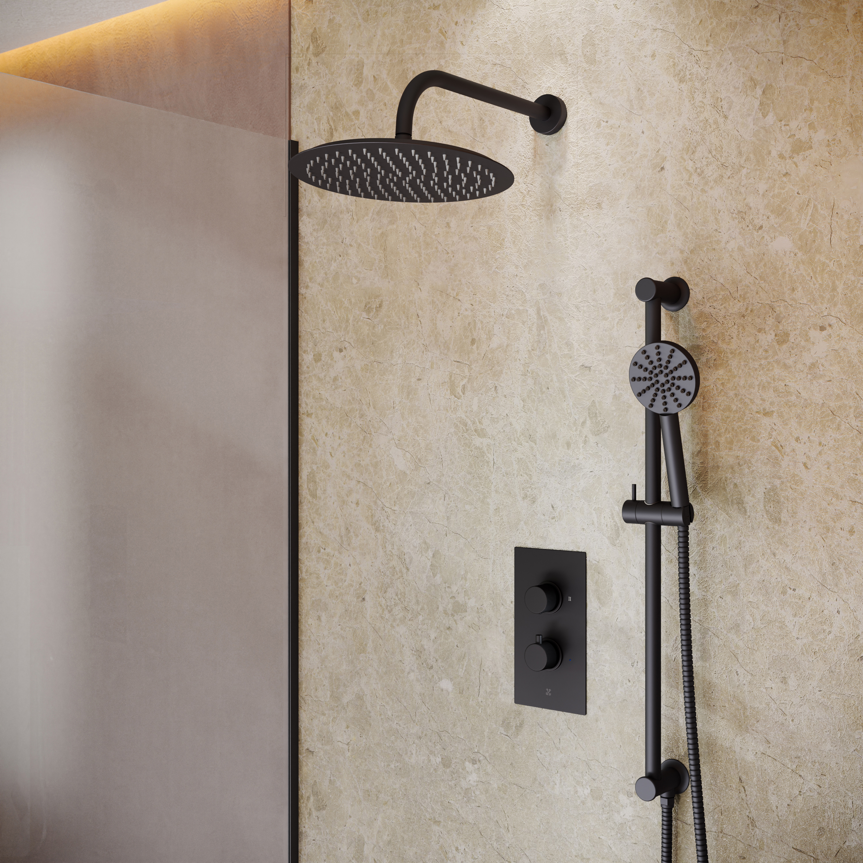 Core Shower Package with 2 Outlet Portrait Concealed Valve, Shower Head & Fluted Handset Slide Rail Kit