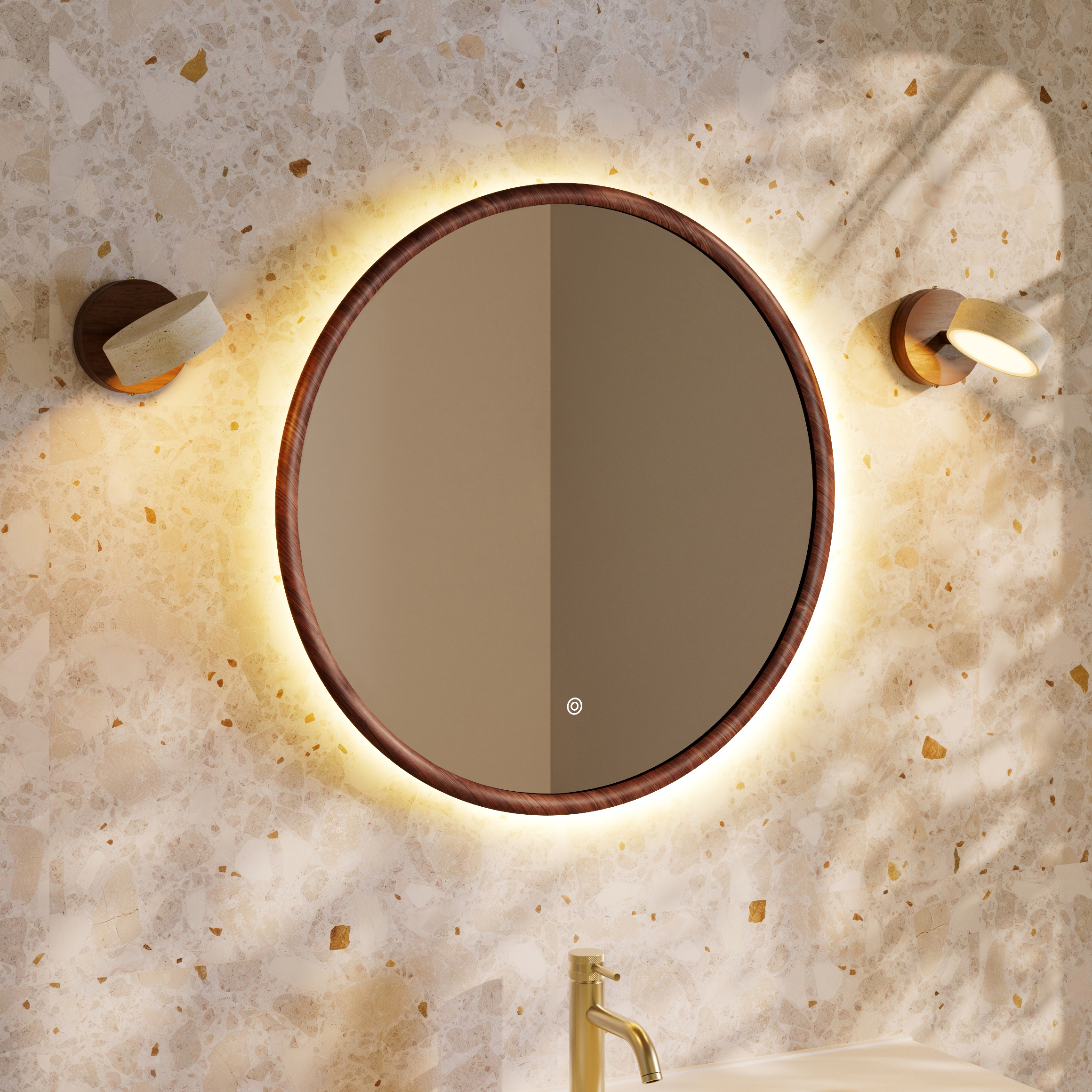Alfie LED Illuminated Wood Framed Mirror with Set Of 2 Stone Spot Lights in Wood