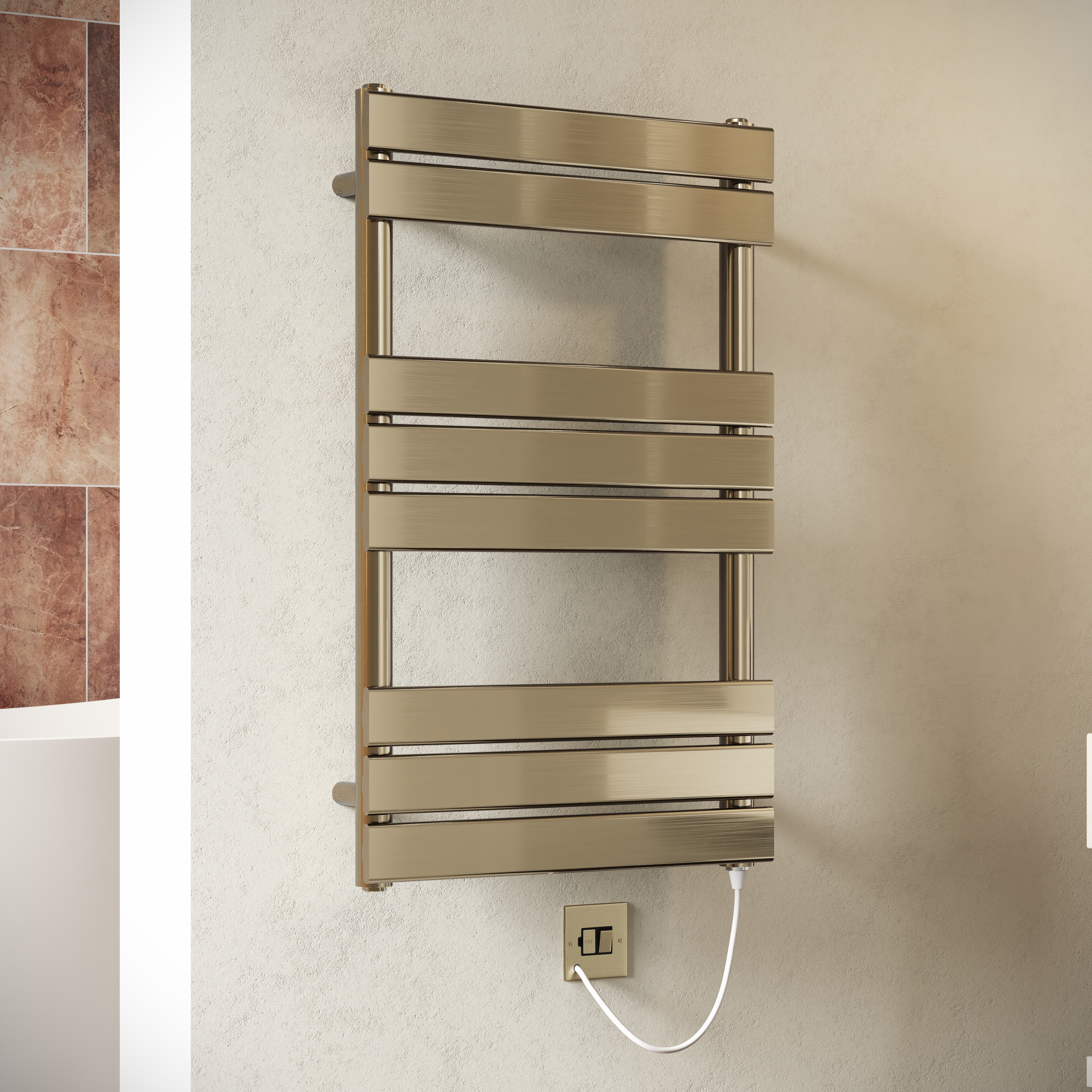 Toasty Hush Brushed Brass Electric Flat Panel Heated Towel Rail with Heating Element