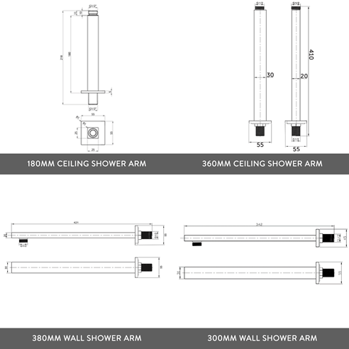 Drew Square Concealed Shower Valve with Fixed Head & Slide Rail Kit