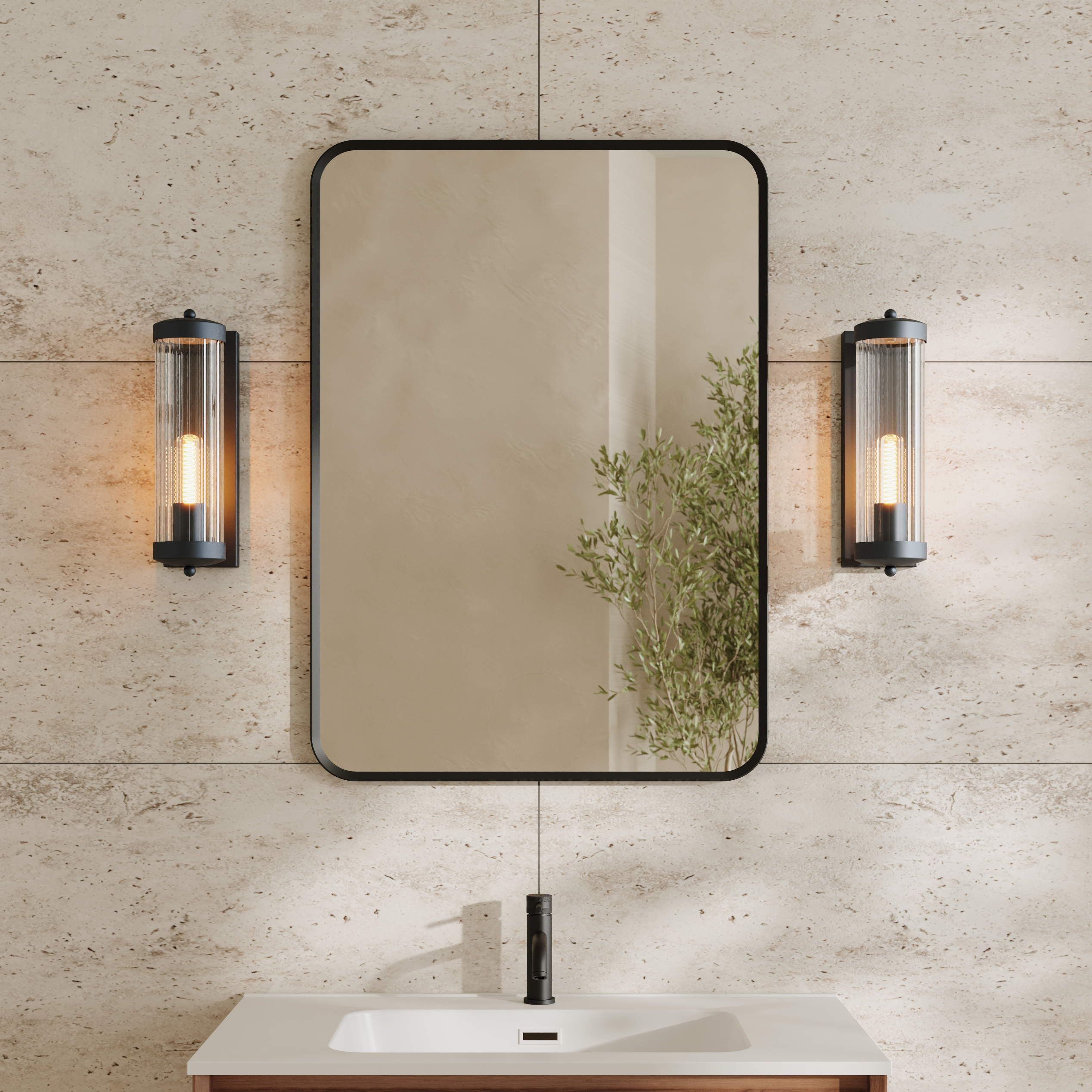 Finn Matt Black Framed Mirror with Set Of 2 Fluted Lantern Wall Lights
