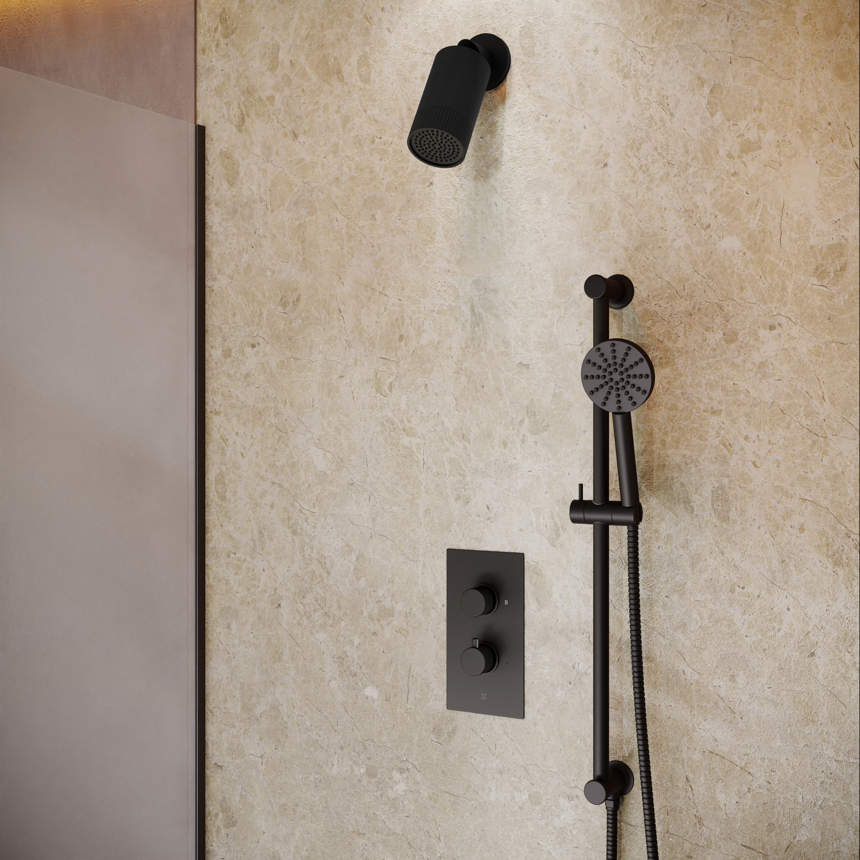 Core Portrait Shower Package with 2 Outlet Concealed Valve with Wall Mounted Fluted Spotlight Shower Head & Fluted Handset Slide Rail Kit