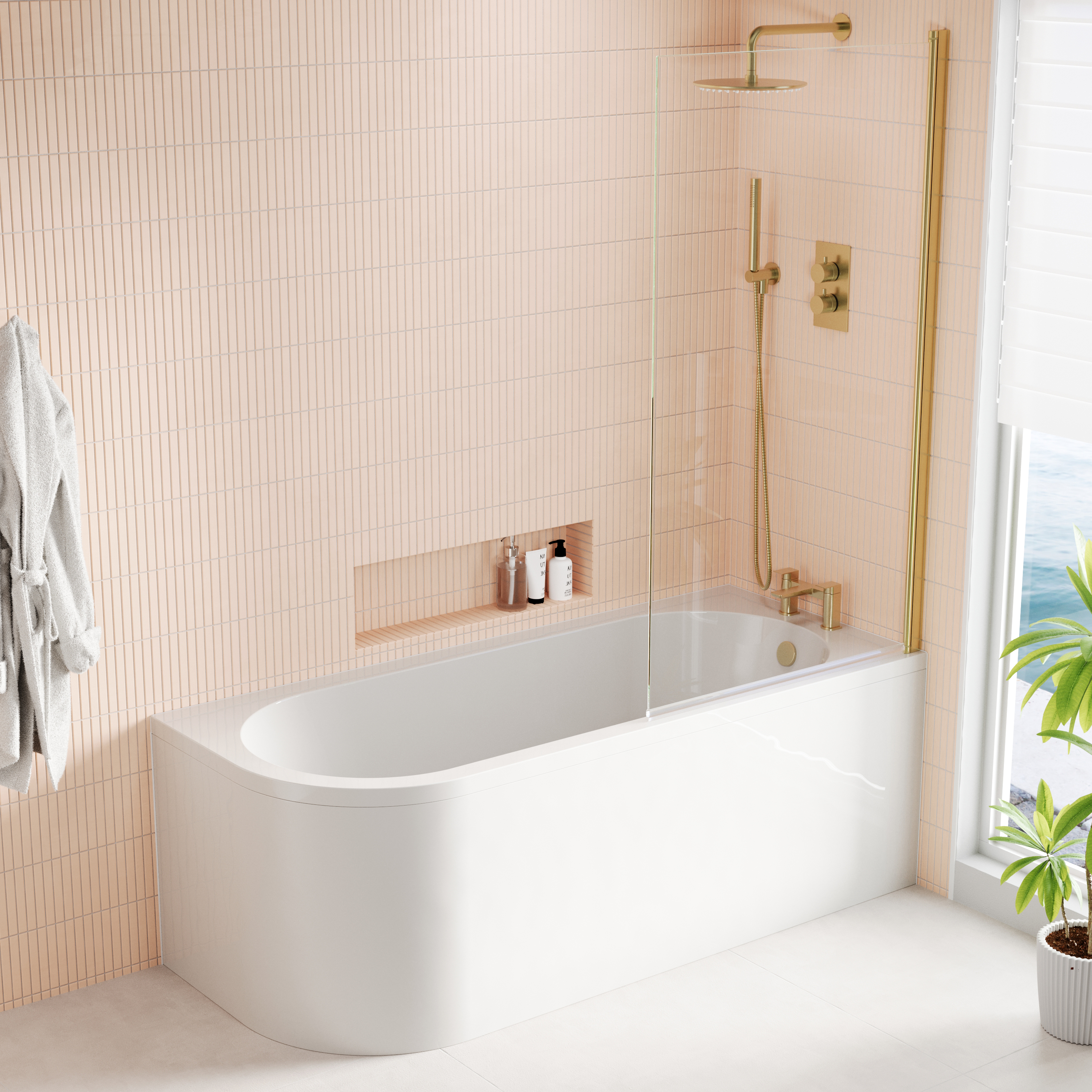 Armourcast Reinforced J Shaped Shower Bath with Panel & Shower Screen - 1700mm