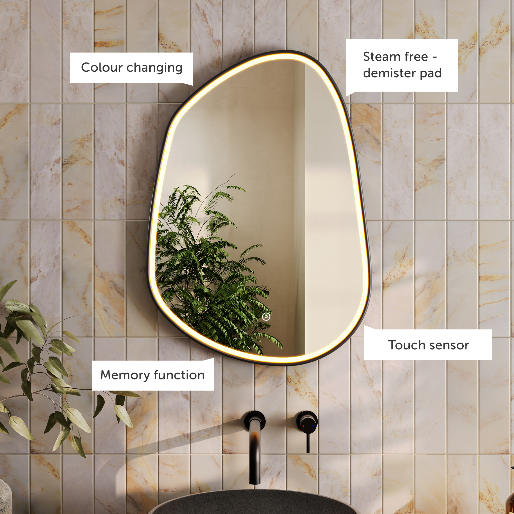 Organics Pond LED Illuminated Framed Mirror with Demister Pad & Colour Change Lights - 500 x 700mm