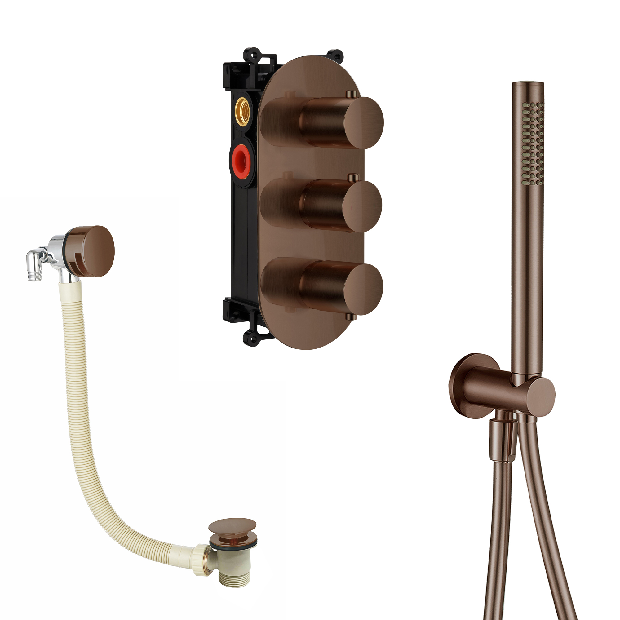 Harbour Clarity Brushed Bronze Shower Package with 2 Outlet Valve, Wall Shower Kit and Overflow Bath Filler