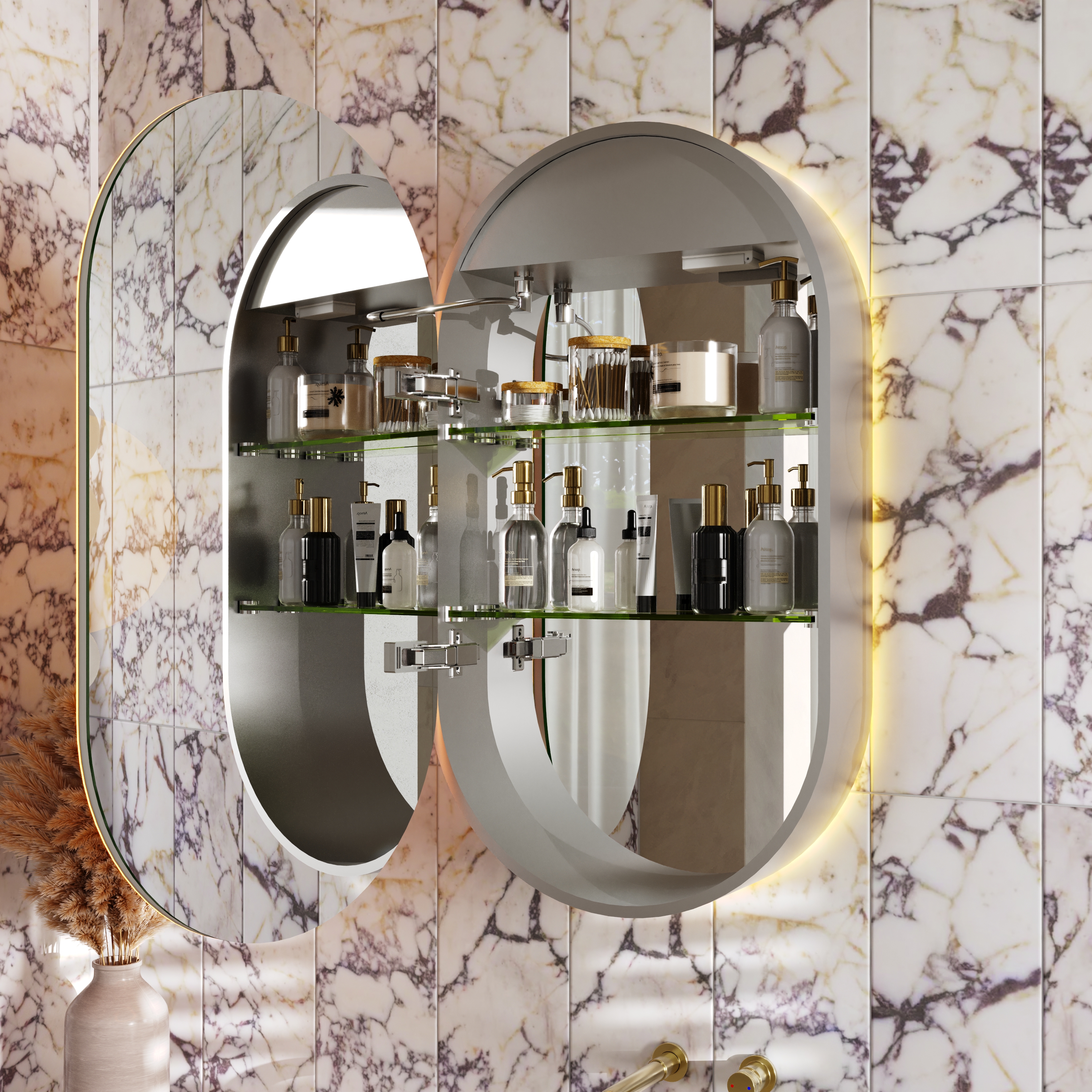Billy LED Oval Mirrored Cabinet with Demister Pad, Shaver Socket & Colour Change Lights - 450 x 800mm