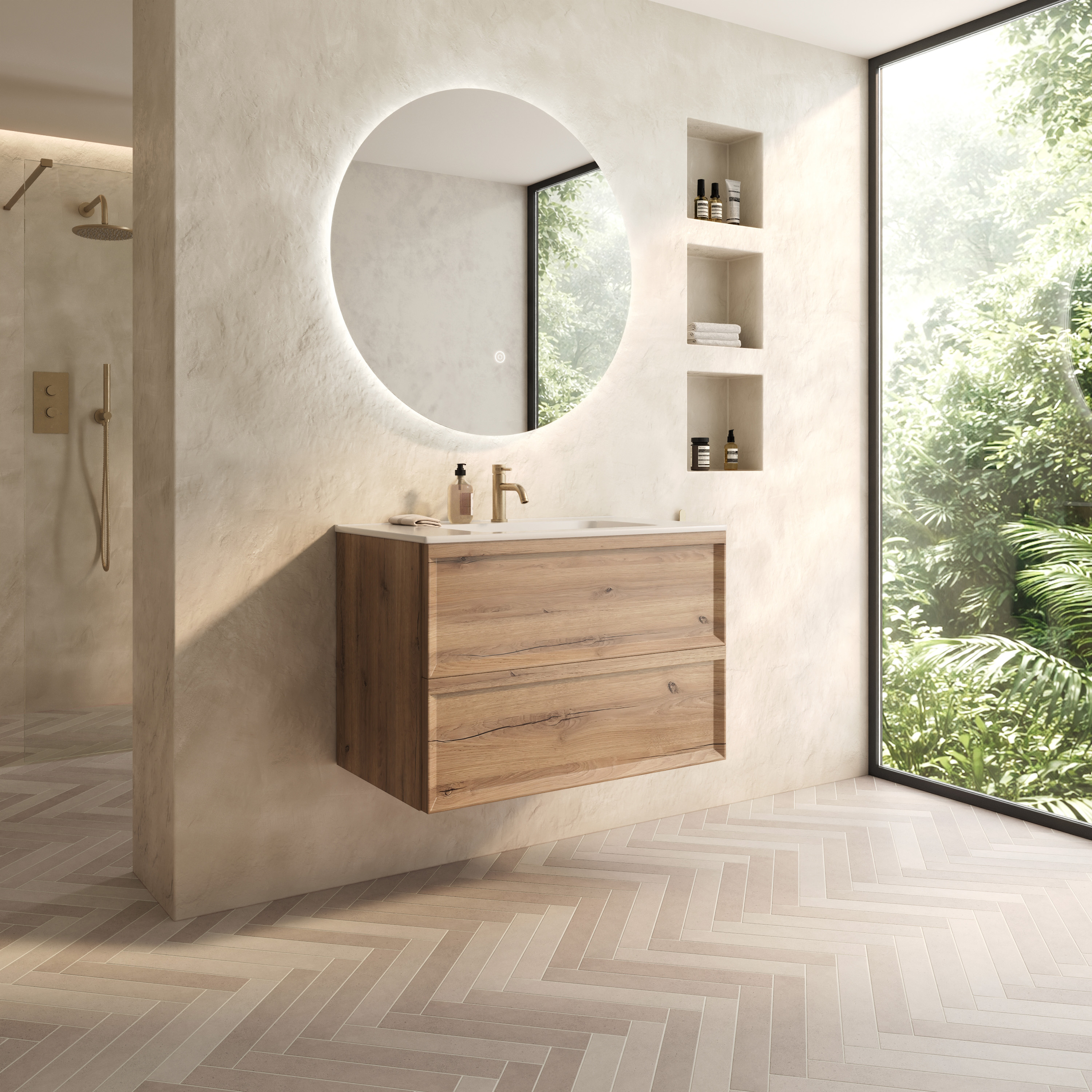 Aura 800mm Wall Mounted Natural Oak Vanity Unit & Matt White Basin