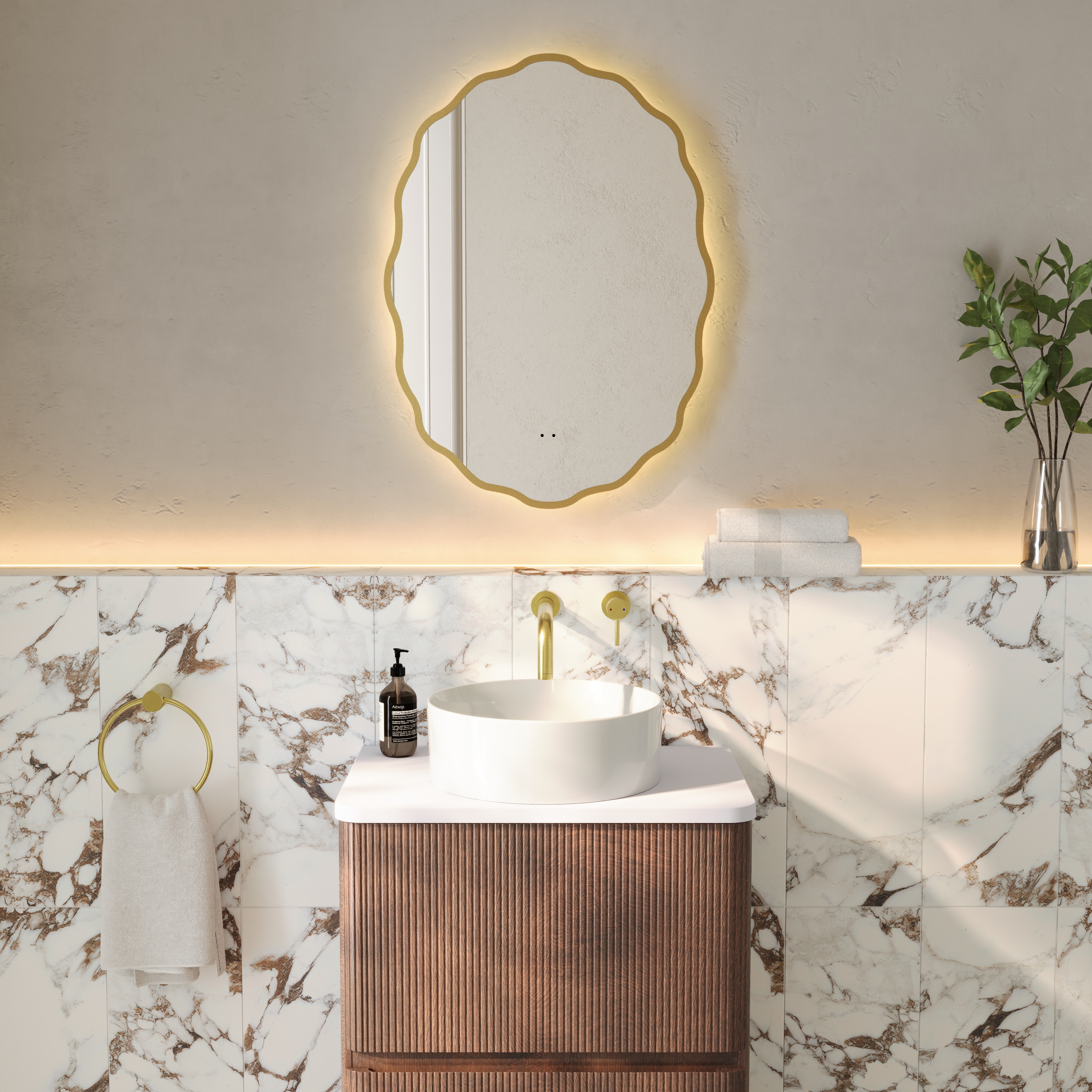 Daisy LED Illuminated Wavy Edge Framed Mirror with Demister Pad & Colour Change Lights - 550 x 750mm