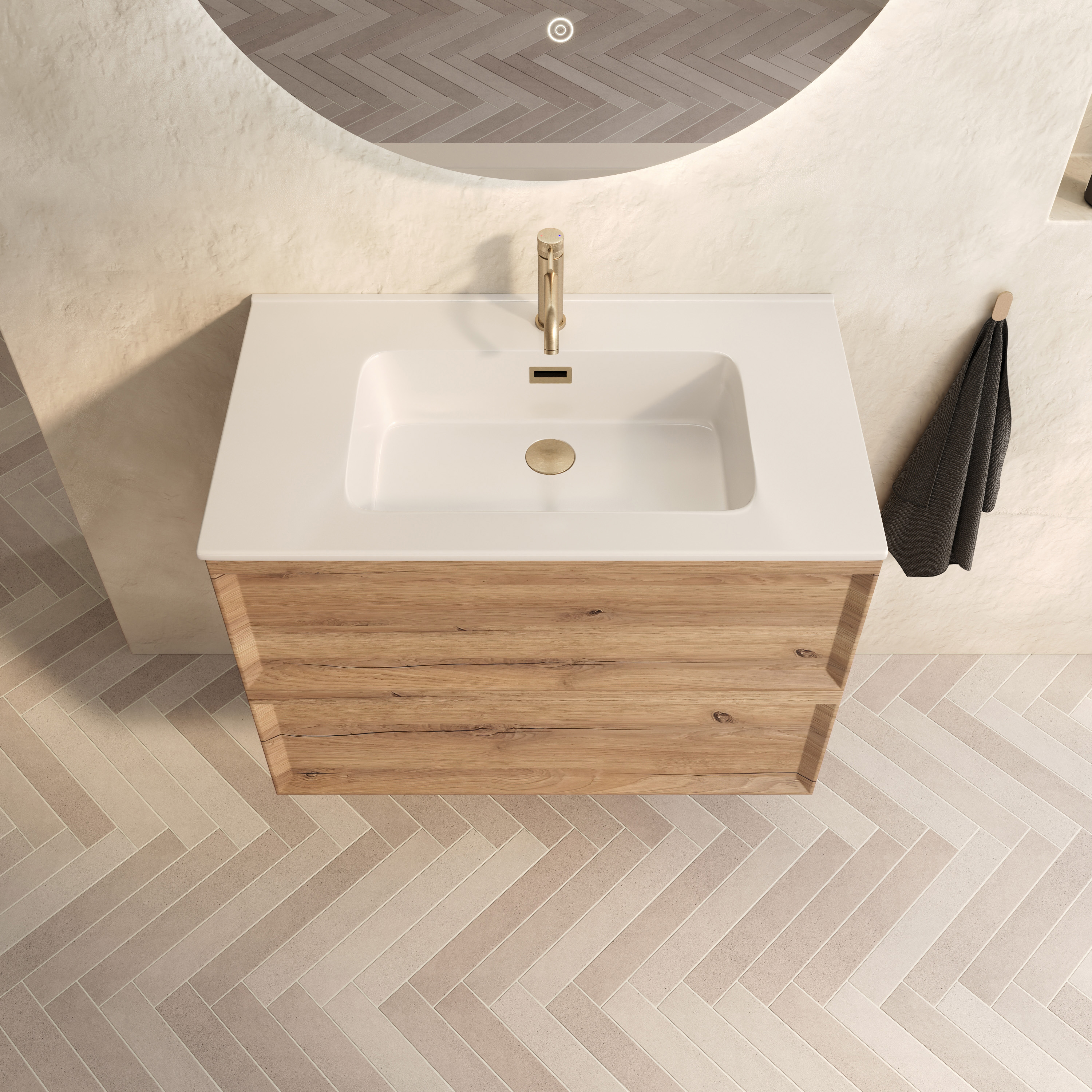 Aura 800mm Wall Mounted Natural Oak Vanity Unit & Matt White Basin