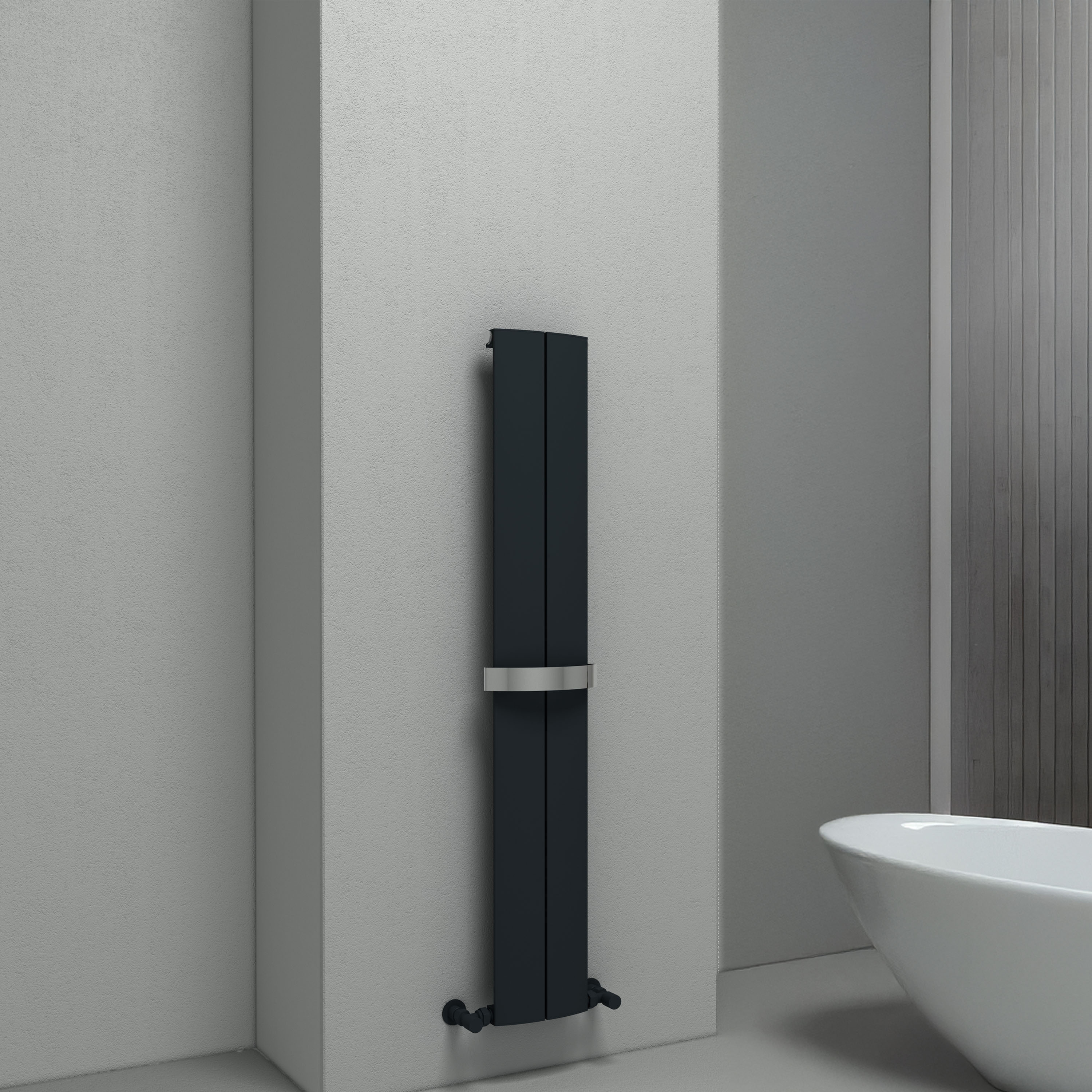 Carisa Play Bath Curved Panel Vertical Aluminium Heated Towel Rail