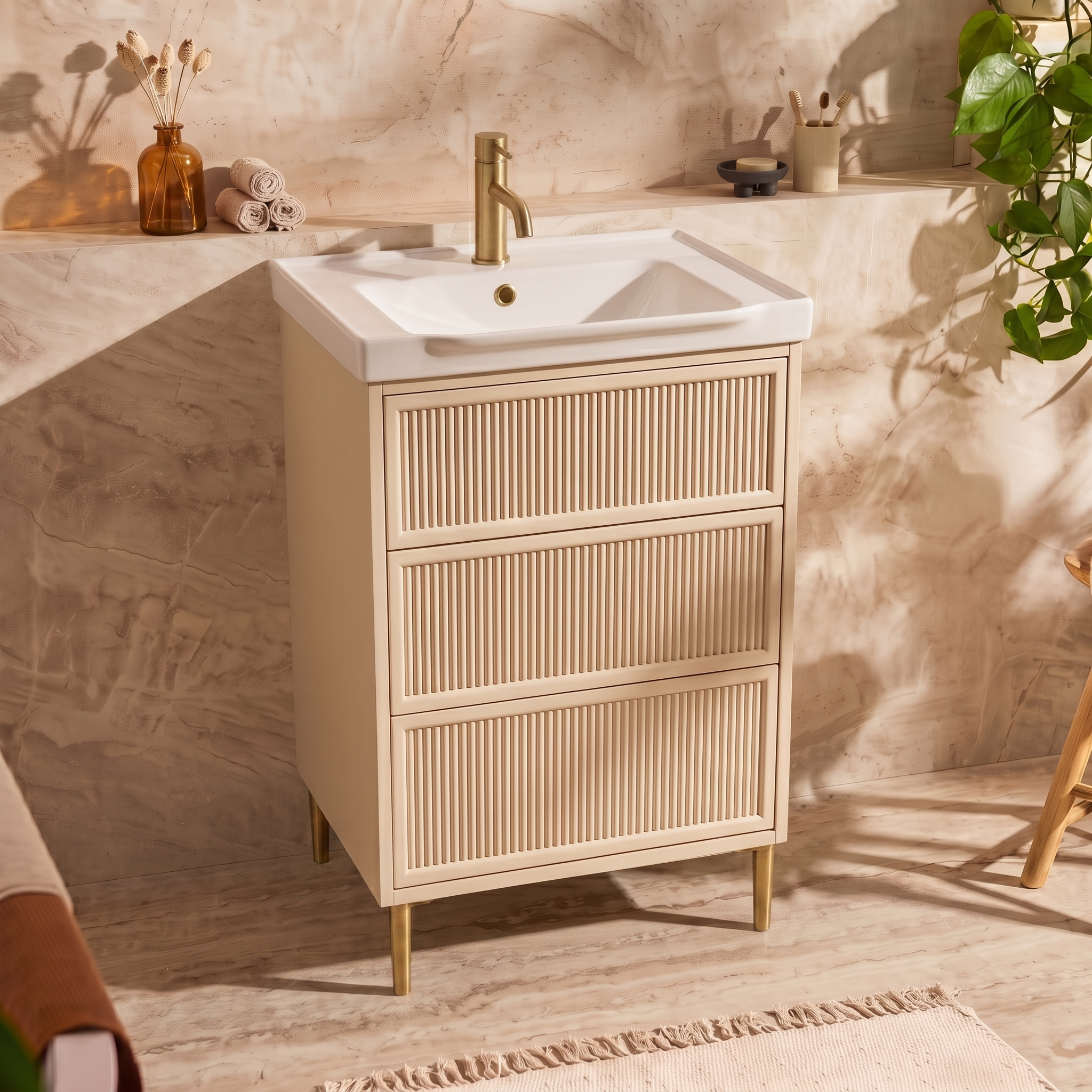 Elara 500mm Floorstanding Stone Fluted Vanity Unit & Basin with Leg Set