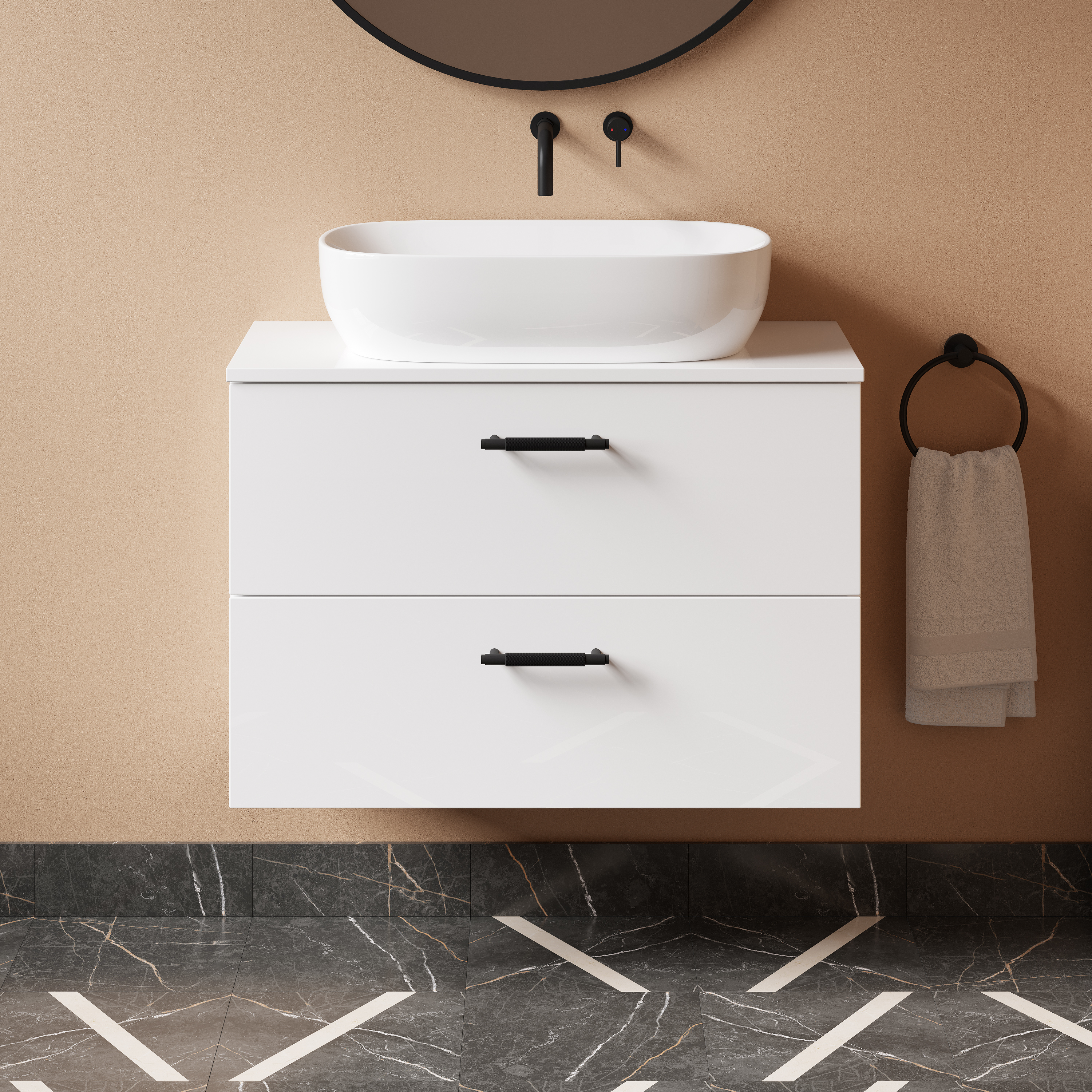 Erin 800mm Wall Mounted Gloss White 2 Drawer Vanity Unit & Worktop with Sophia Oval Countertop Basin