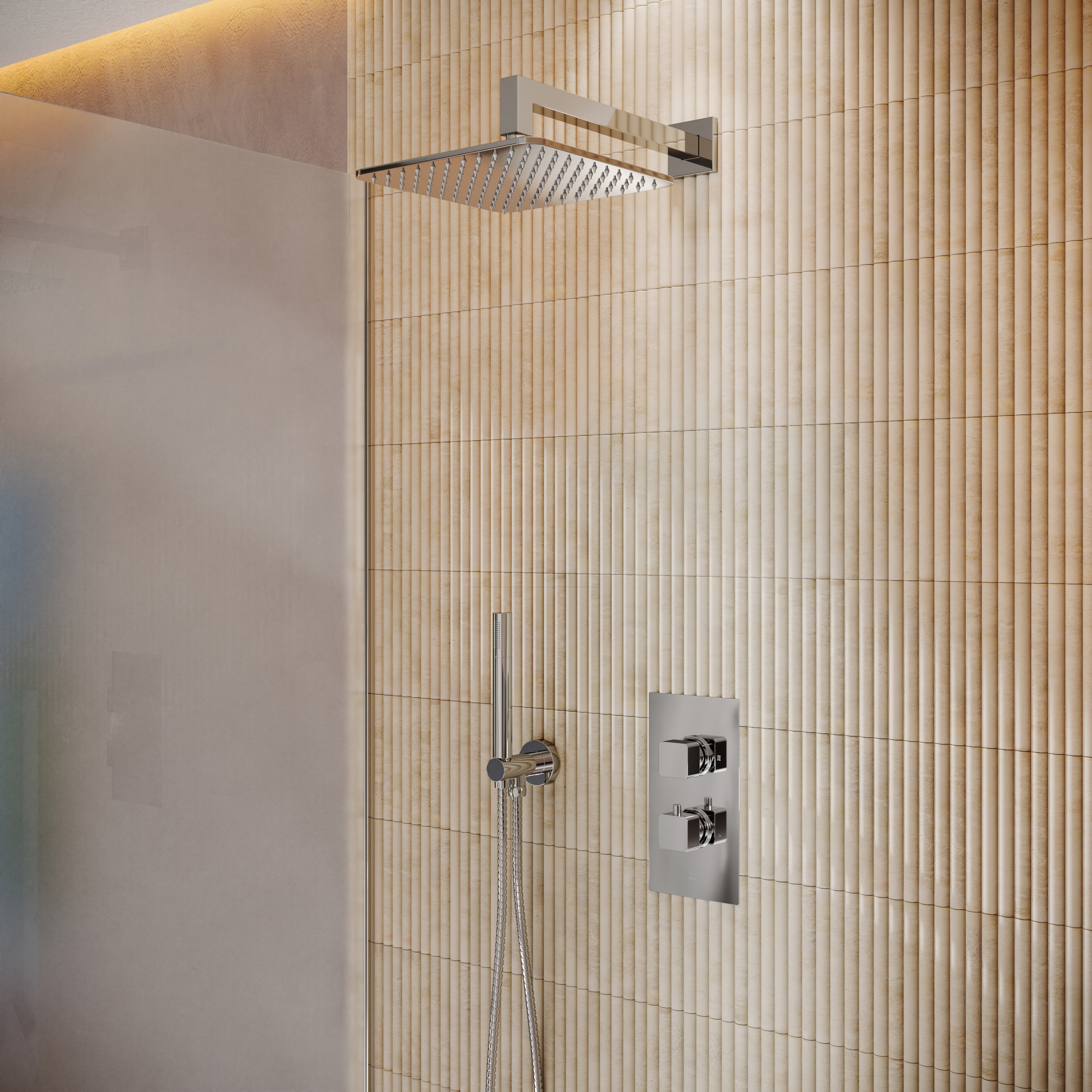 Core Portrait Shower Package with 2 Outlet Valve, Fixed Wall Mounted Square Shower Head & Shower Wall Kit