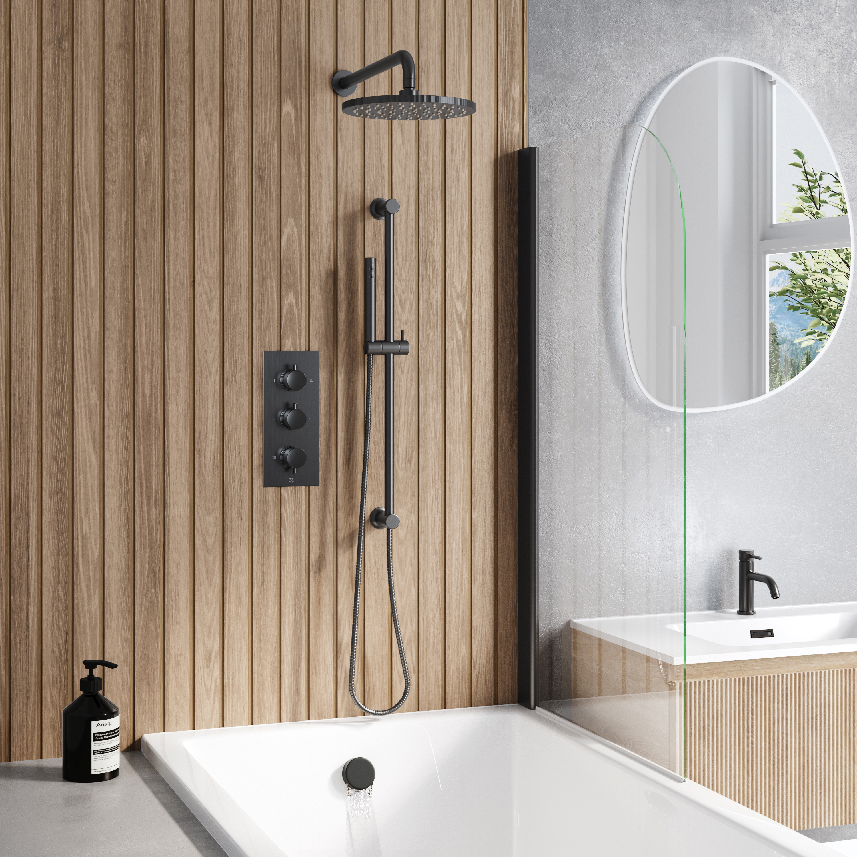 Core Shower Package with 3 Outlet Portrait Concealed Valve, Fixed Shower Head, Slide Rail Kit & Overflow Bath Filler