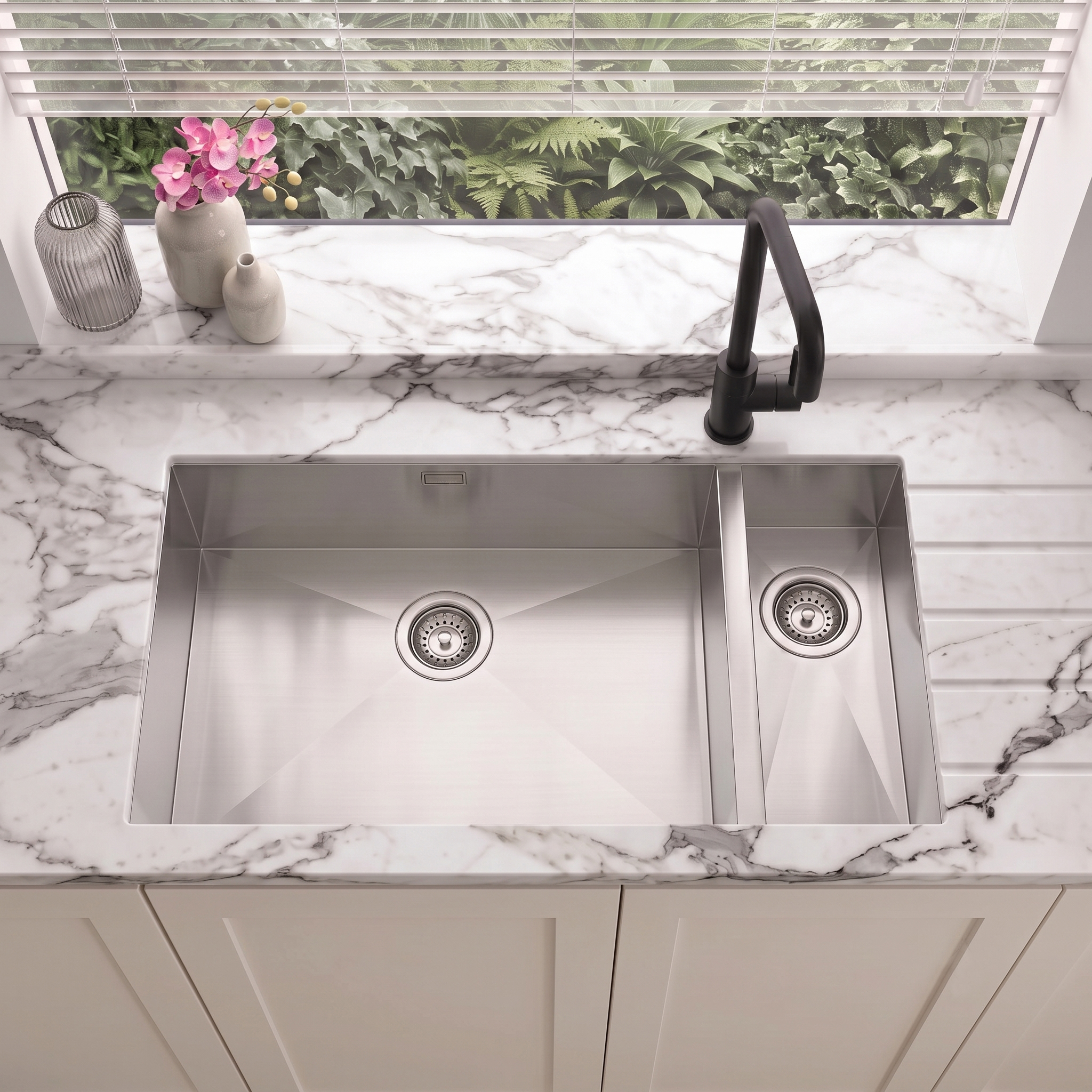 Vellamo Edge Extra Large 1.5 Bowl Inset/Undermount Brushed Stainless Steel Kitchen Sink & Waste with Left Hand Main Bowl - 890 x 430mm