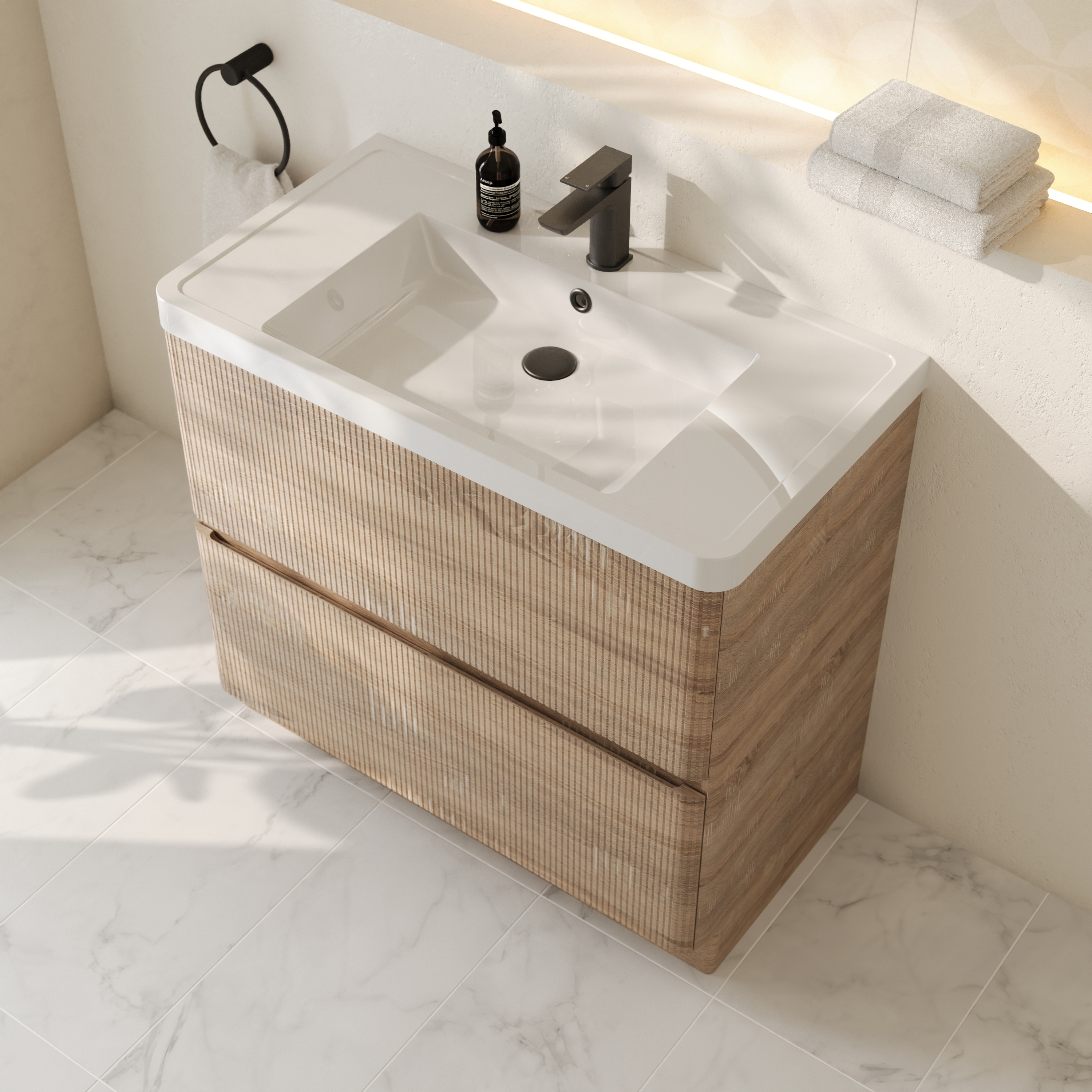 Drench Origin 900mm Light Oak Fluted Floorstanding Vanity Unit & Basin