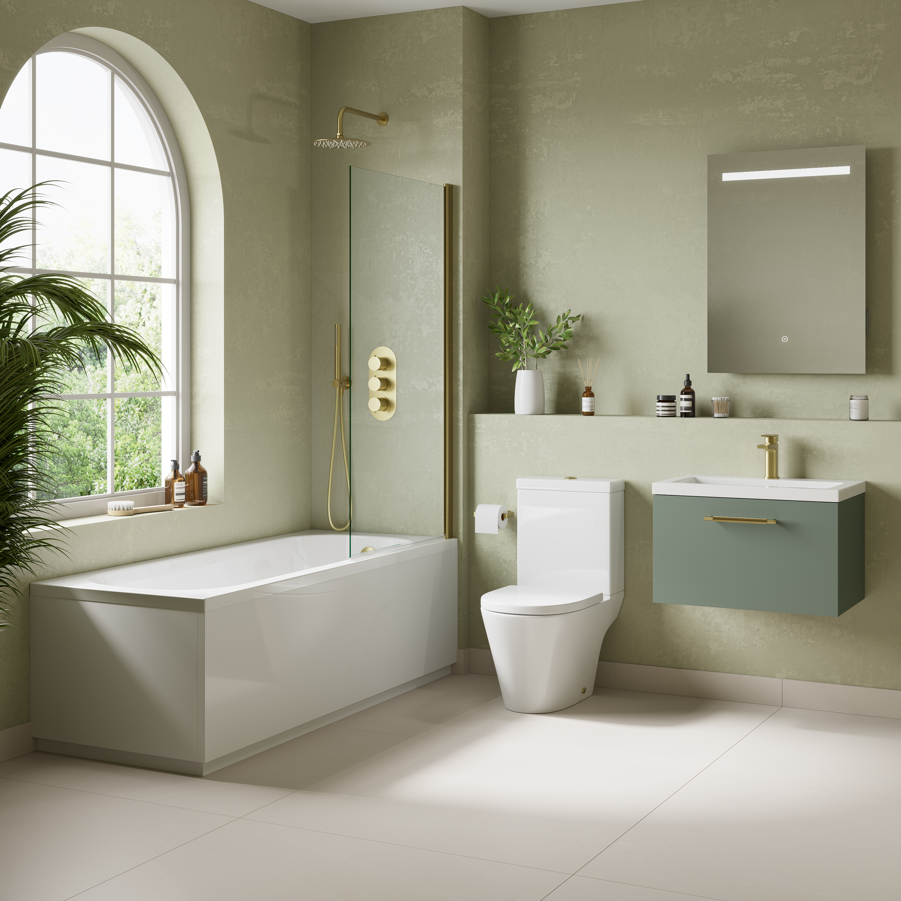 Freddie Brushed Brass Reinforced Shower Bath Suite with Rimless Toilet
