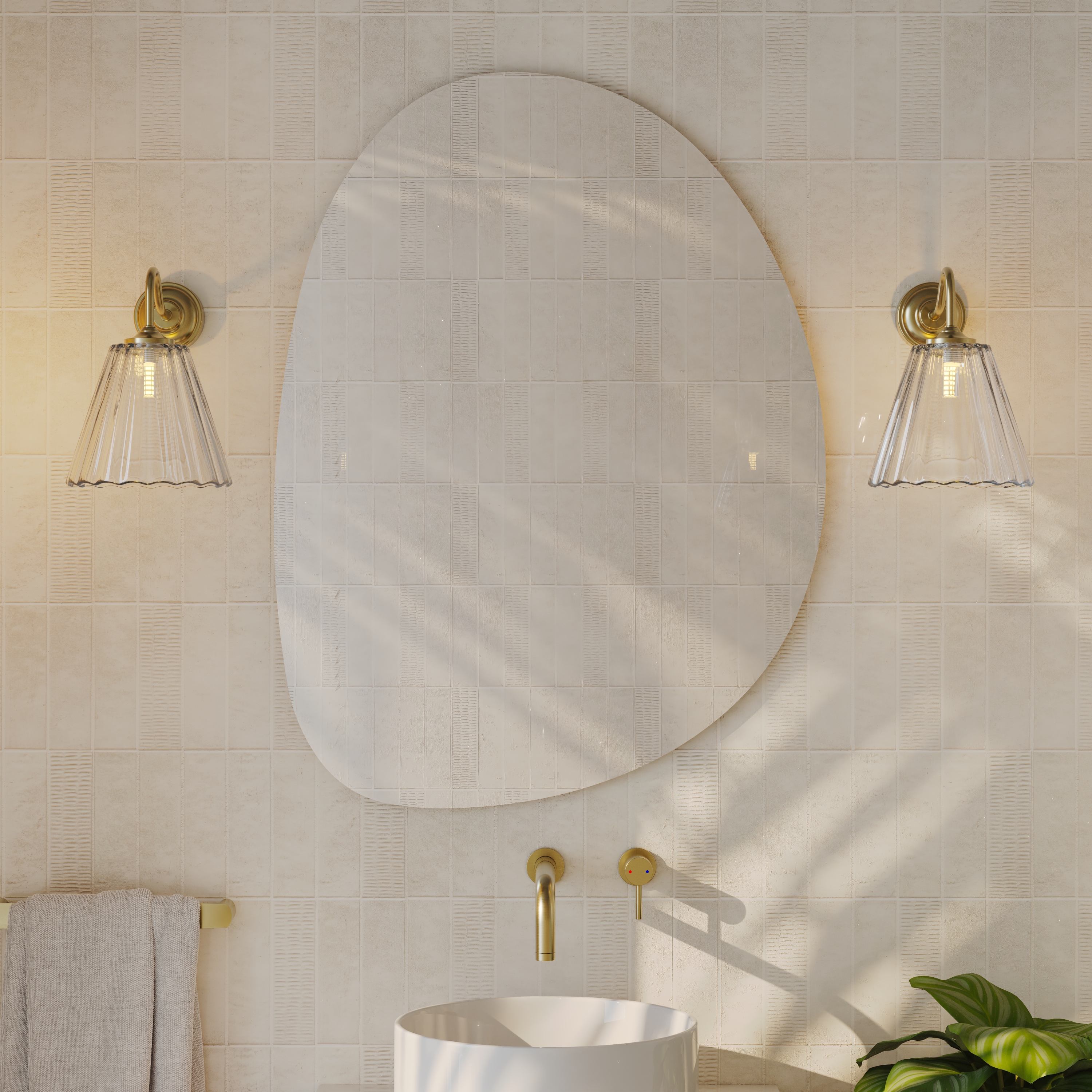 Organics Slim Mirror with Set Of 2 Fluted Glass Wall Shade Lights