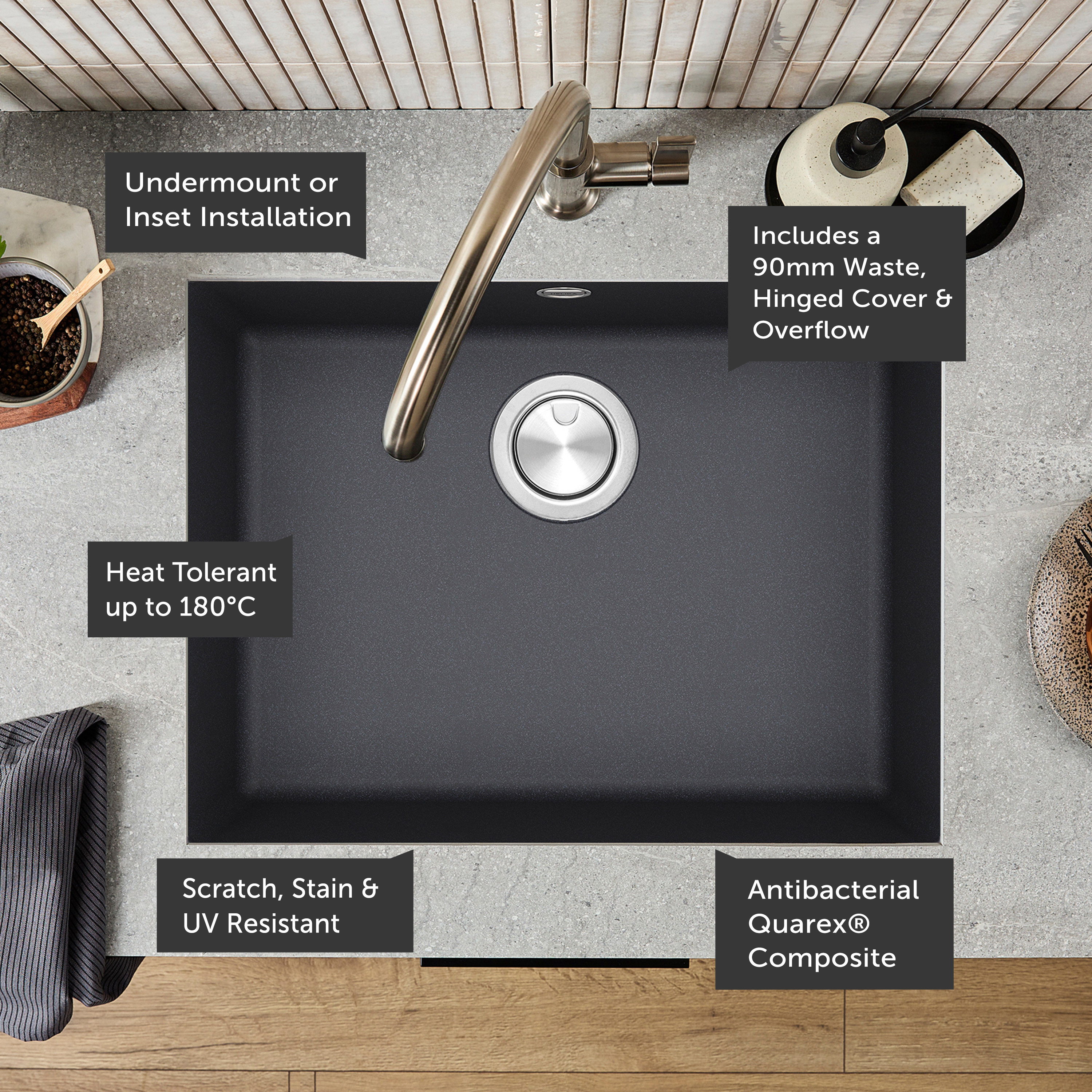 Clearwater Lumen 1 Bowl Granite Composite Inset/Undermount Kitchen Sink - 590 x 450mm