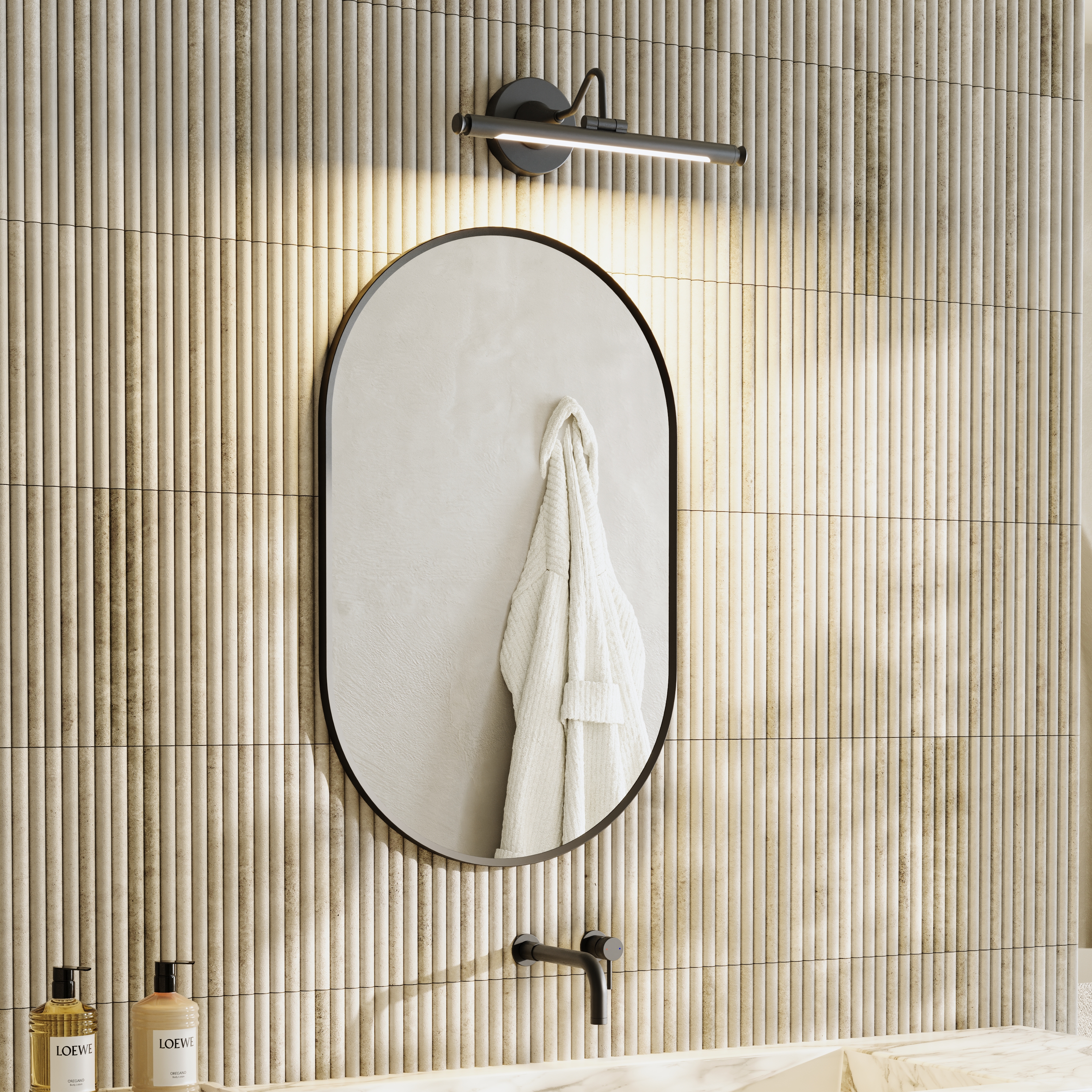 Billy Oval Framed Mirror with Small Picture Wall Light in Matt Black