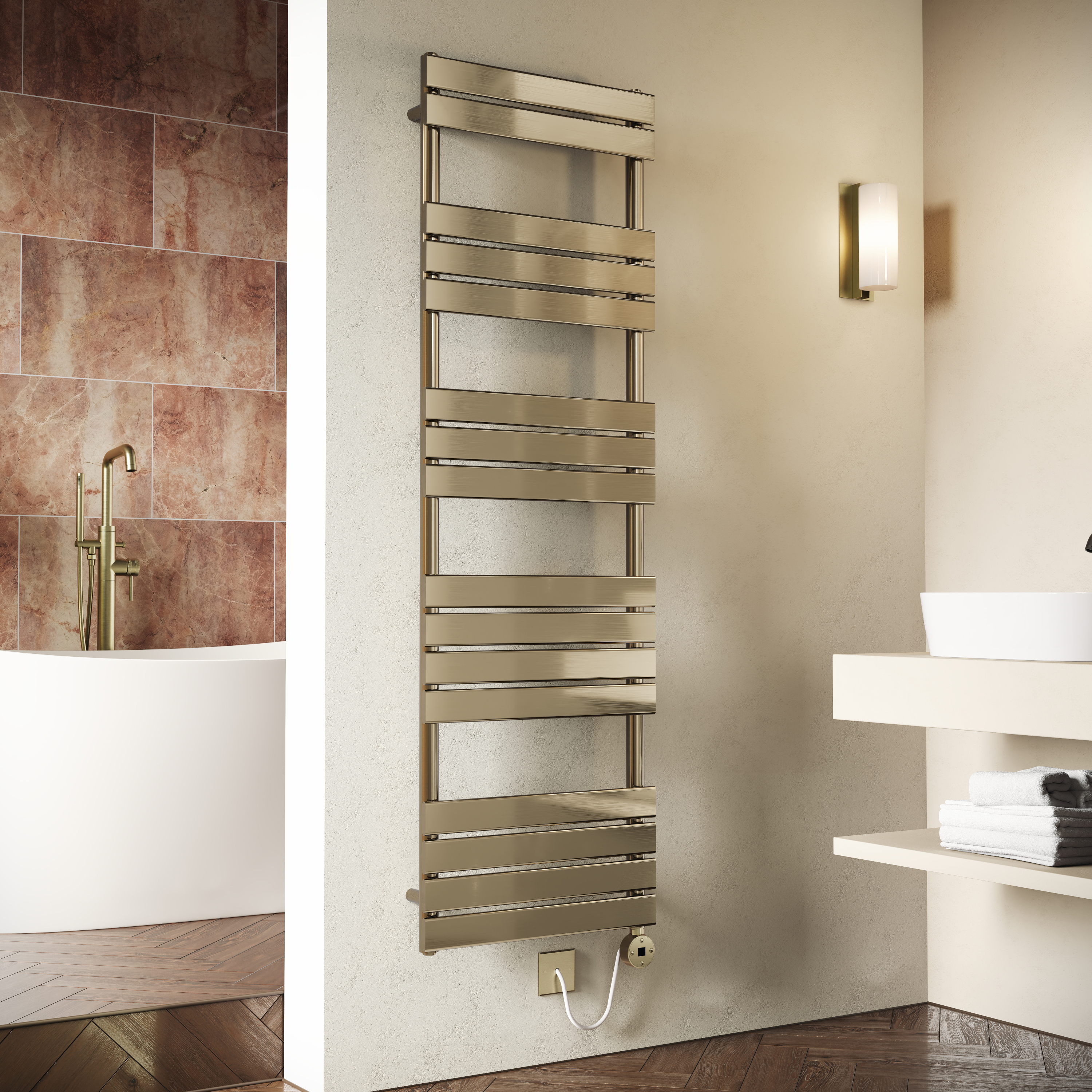 Toasty Hush Brushed Brass Electric Flat Panel Heated Towel Rail with Heating Element