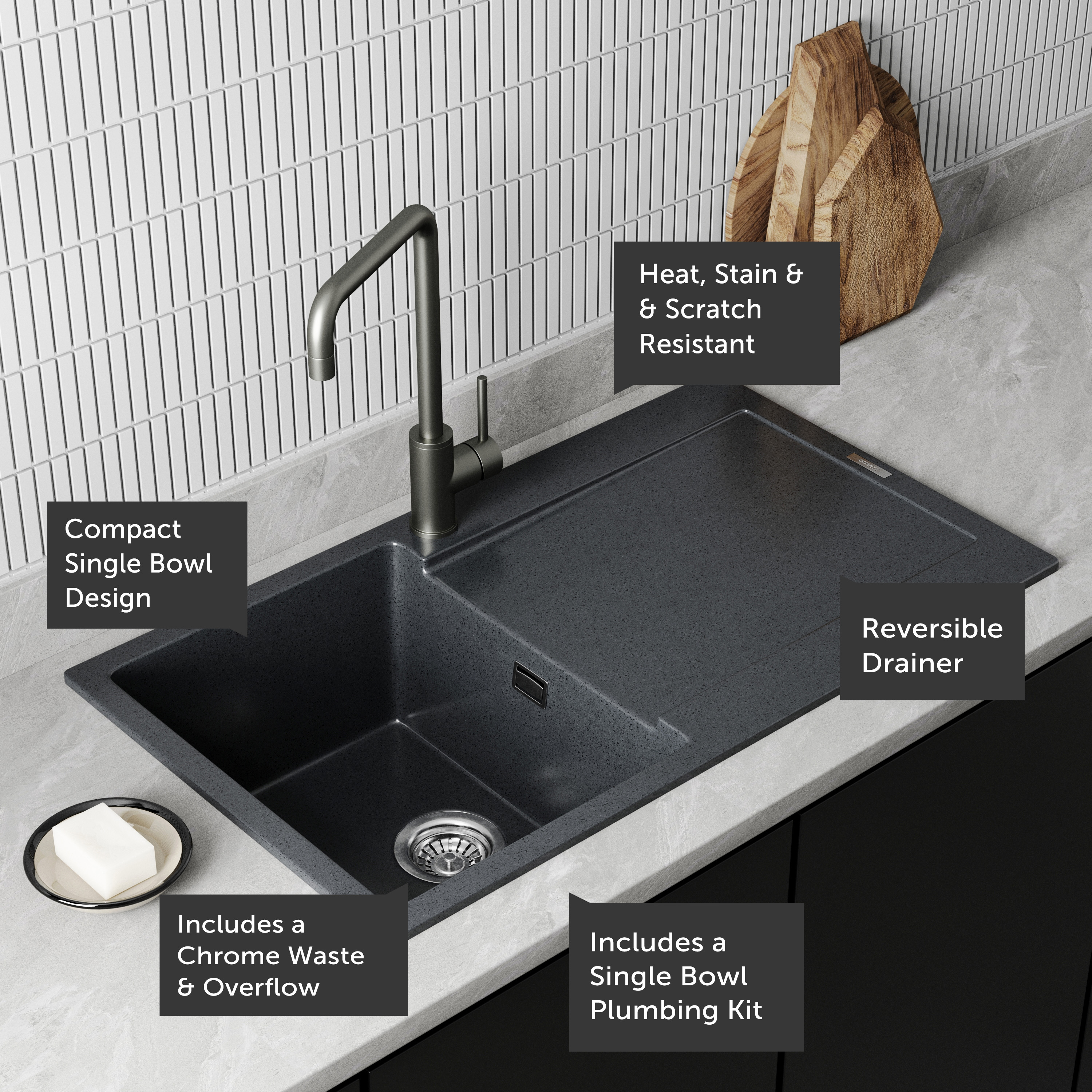 Vellamo Rocca Compact 1 Bowl Granite Composite Inset Kitchen Sink & Waste - 860 x 500mm
