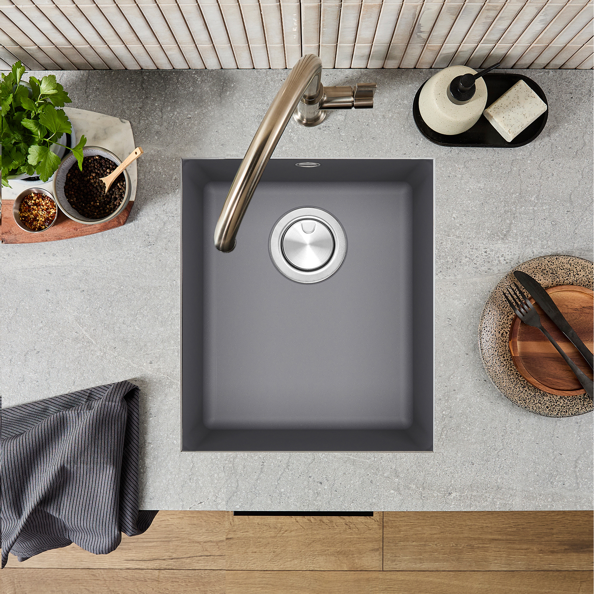 Clearwater Lumen 1 Bowl Granite Composite Inset/Undermount Kitchen Sink - 390 x 450mm