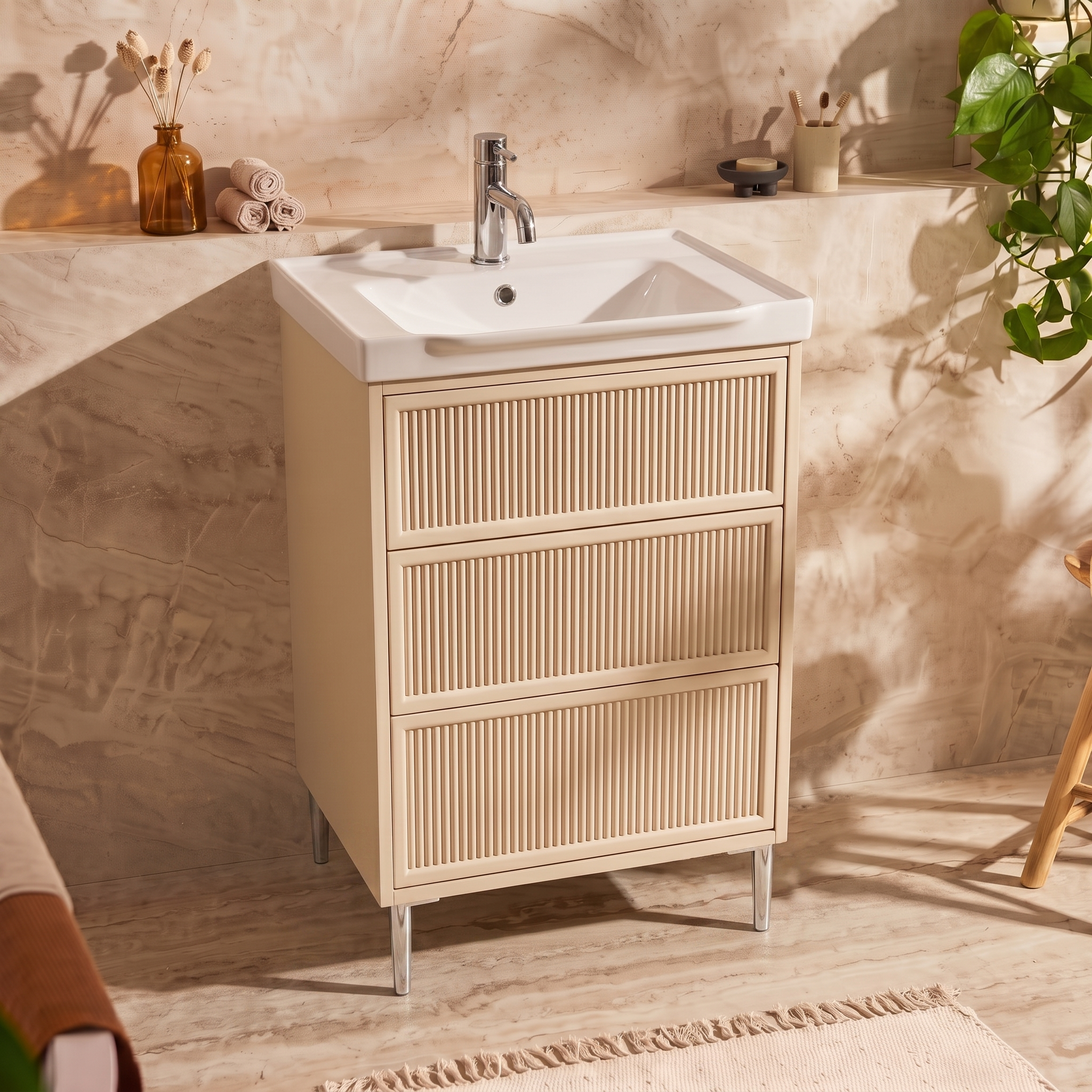 Elara 500mm Floorstanding Stone Fluted Vanity Unit & Basin with Leg Set