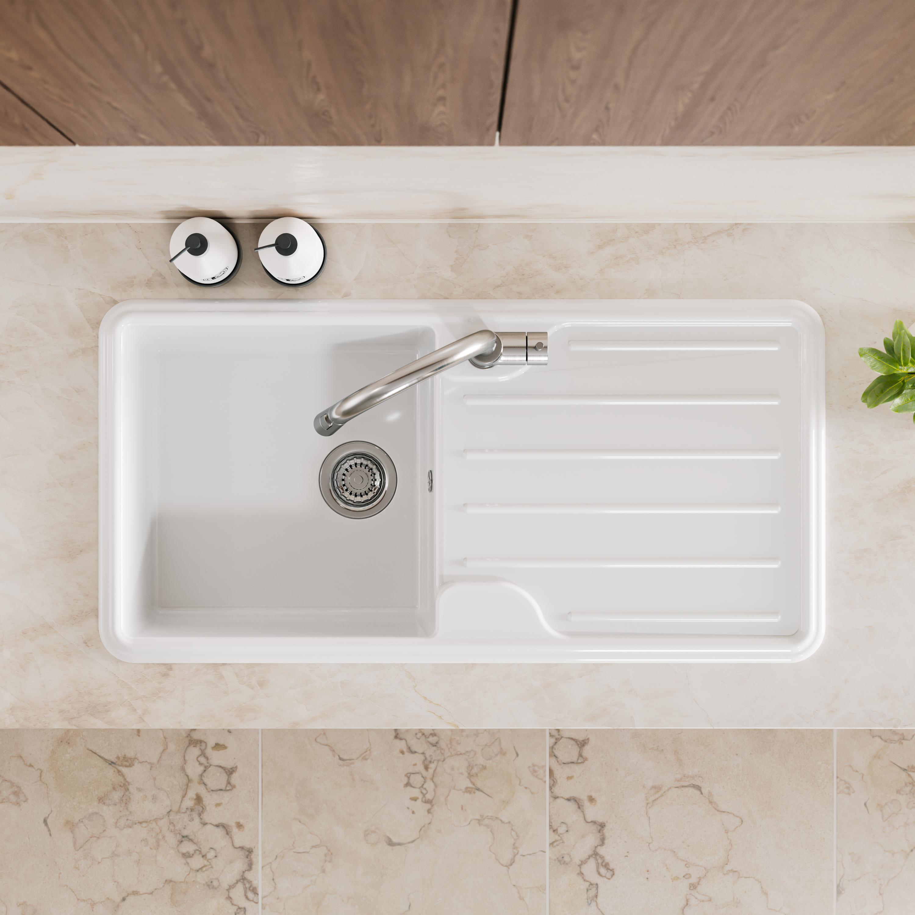 Vellamo Designer 1 Bowl Gloss White Traditional Comite Composite Inset Sink & Basket Strainer Waste - 1000 x 500mm