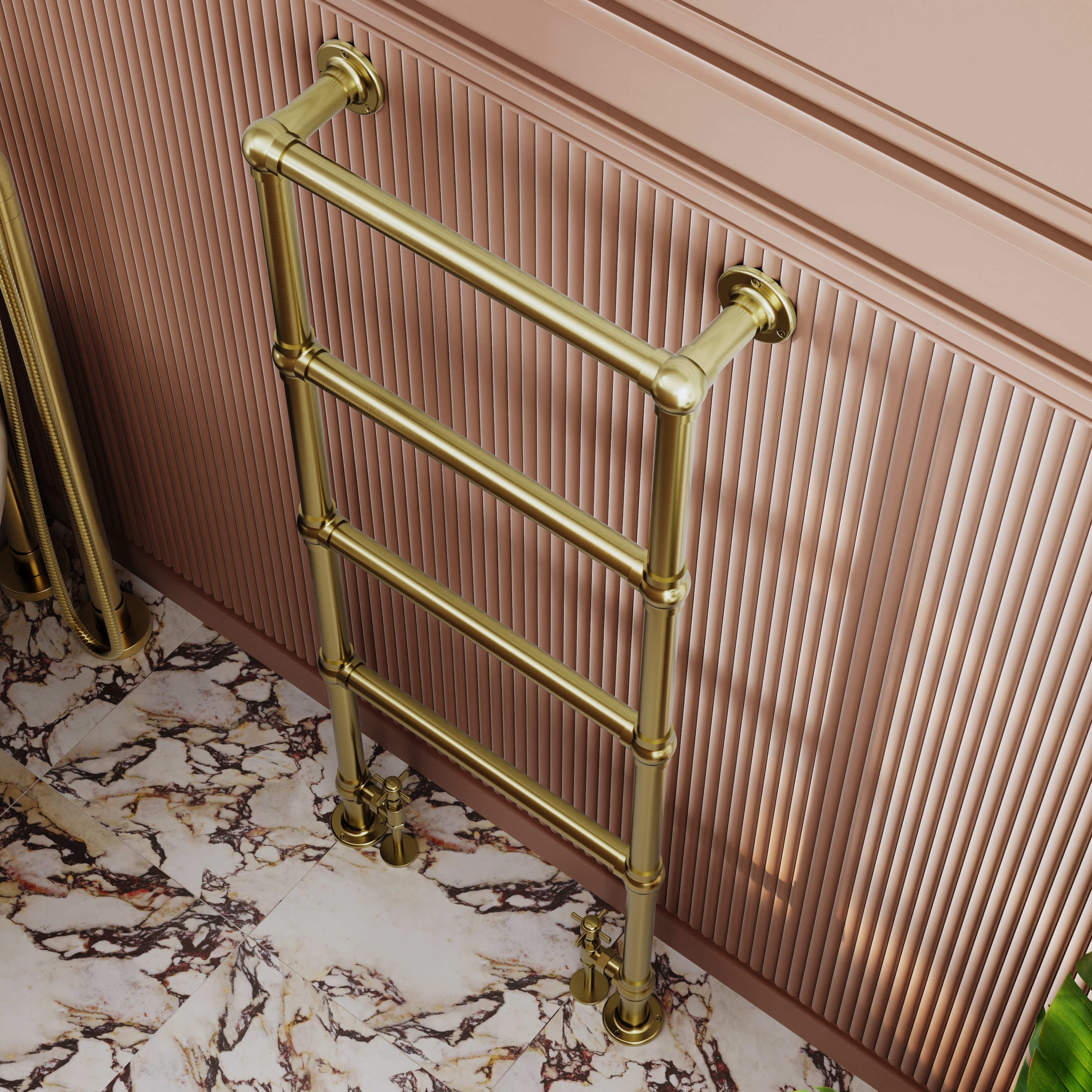 Toasty Merrin Brushed Brass Floorstanding Traditional Heated Towel Rail - 1195 x 500mm