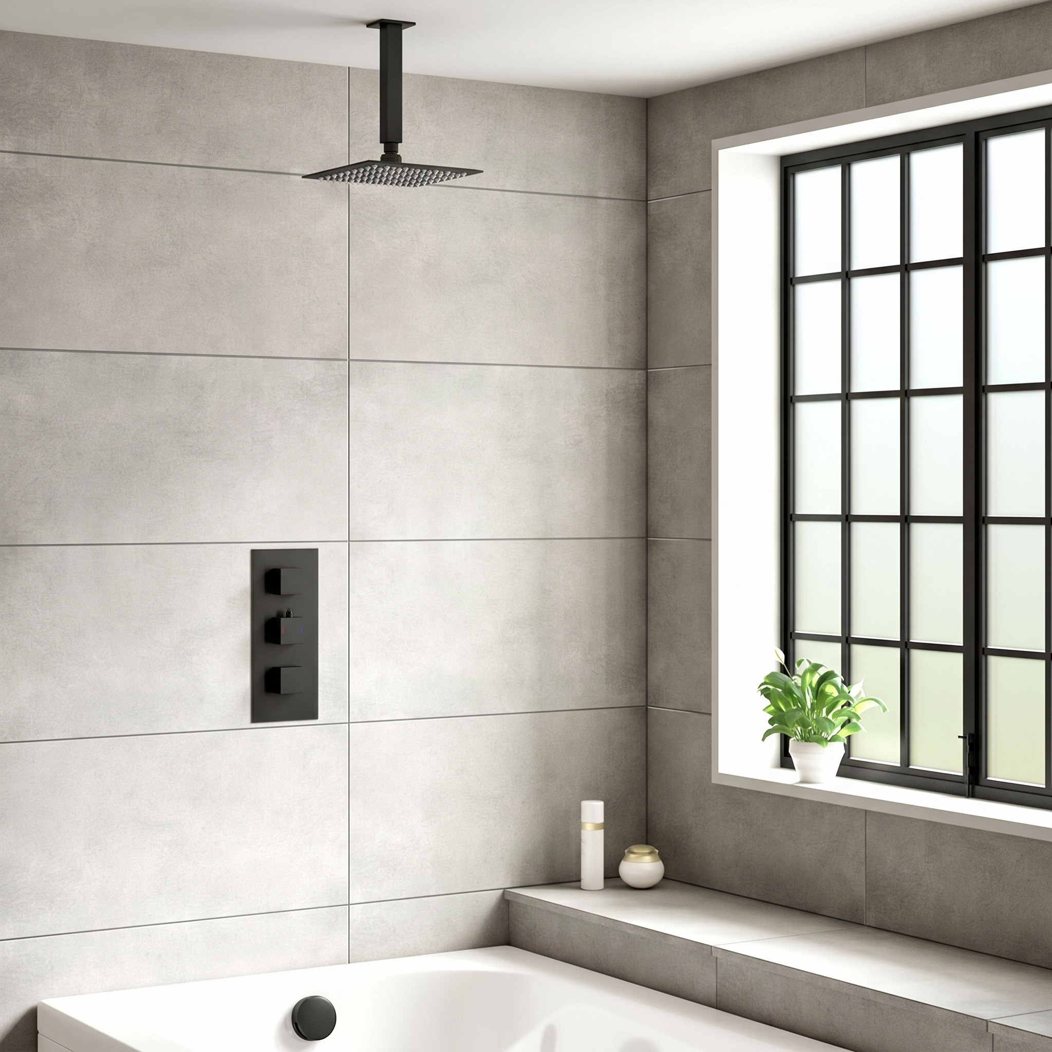 Harbour Status Matt Black Concealed Shower Valve, Fixed Ceiling Mounted Head & Overflow Bath Filler