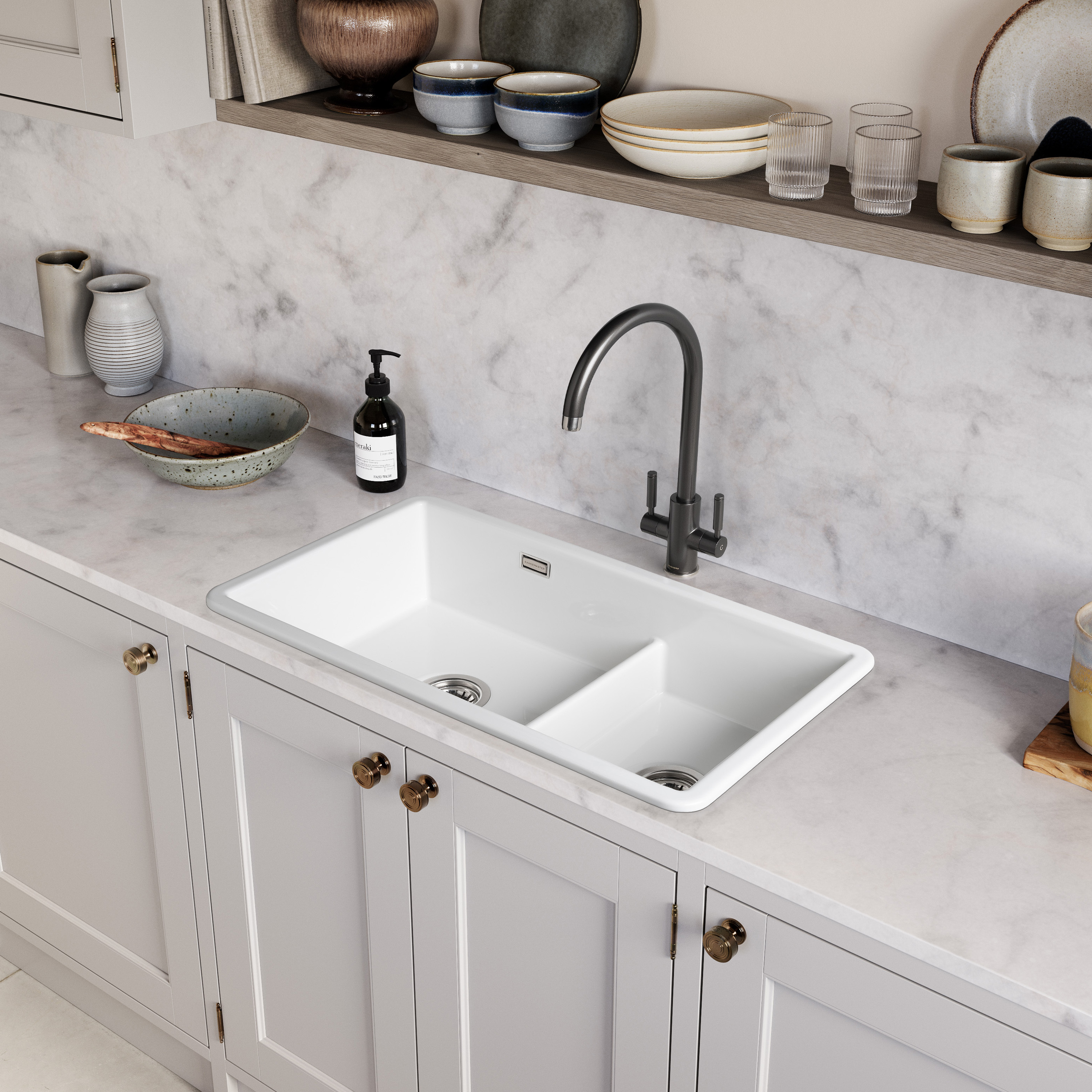Rangemaster Rustique 2 Bowl Inset/Undermount Fireclay White Ceramic Kitchen Sink & Waste Kit - 796 x 462mm