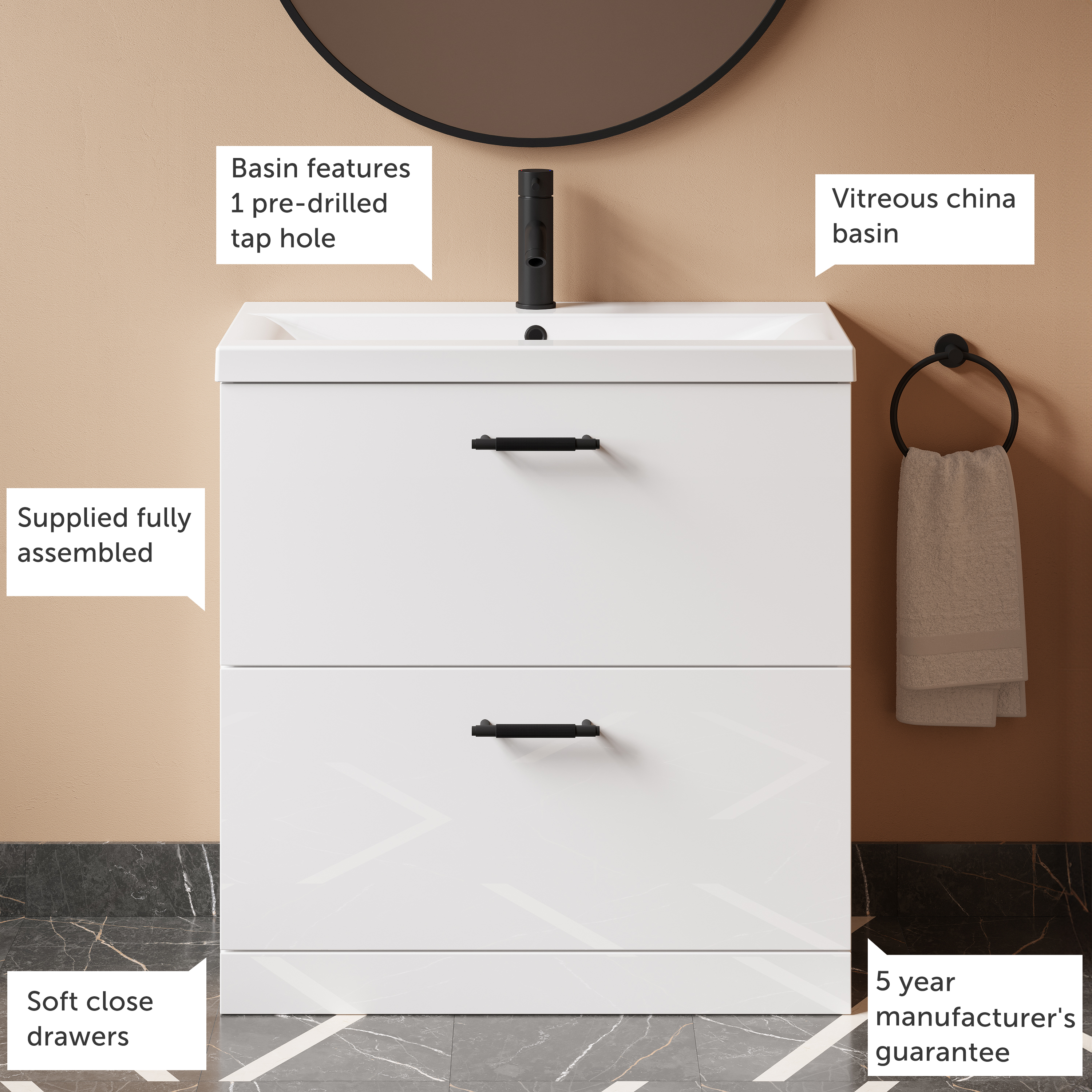 Erin 800mm Floorstanding 2 Drawer Vanity Unit & Basin